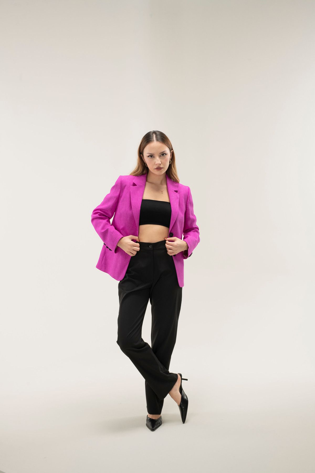 TREND-Fuchsia Lined Padded Bone Button Blazer Jacket 3