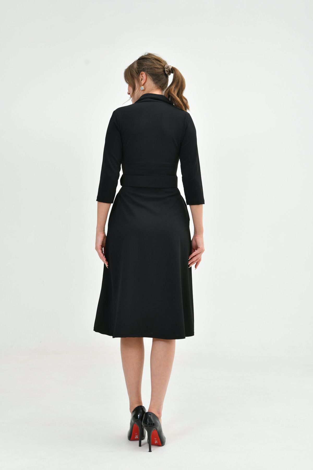 4S1B FASHION-Black Midi Evening Dress - Double Breasted Jacket Neckline, 3/4 Sleeve, Flared Fit, Belt Detail 020 3