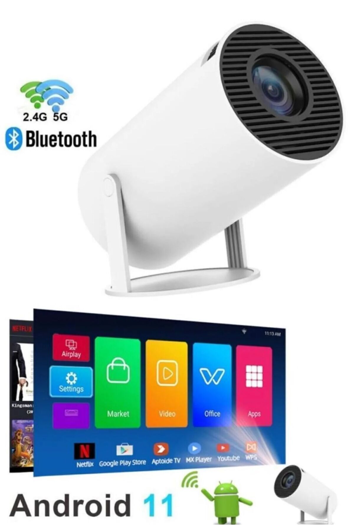 LENSUN Hy300 Pro Beyaz Taşınabilir Sinema Projeksiyon 1280* 720p Ev Sineması Bluetooth Android 11 Akıllı