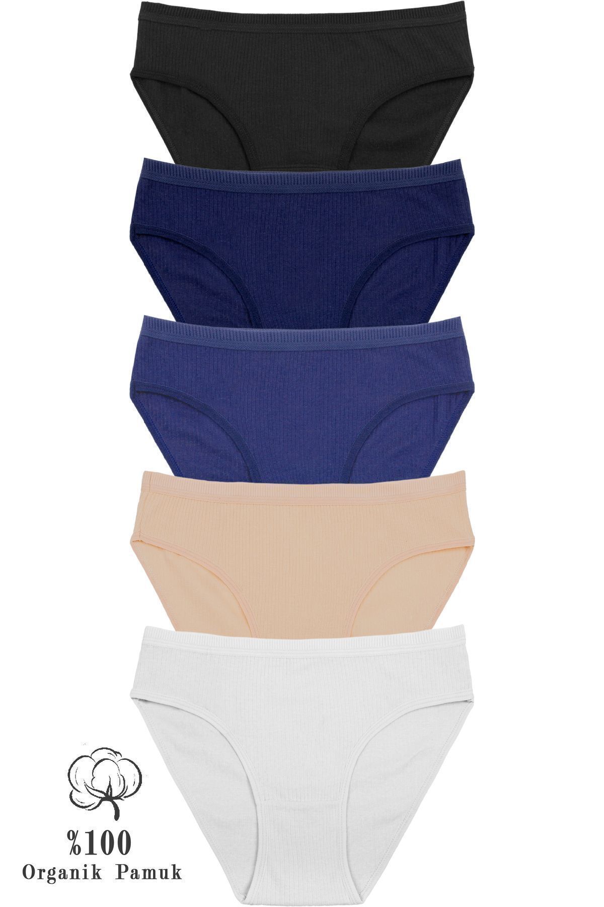 Humaone-Pachet de 5 chiloți bikini cu talie cu nervuri - 100% bumbac, negru-albastru marin-skin-indigo-alb, Bk2-B2 2