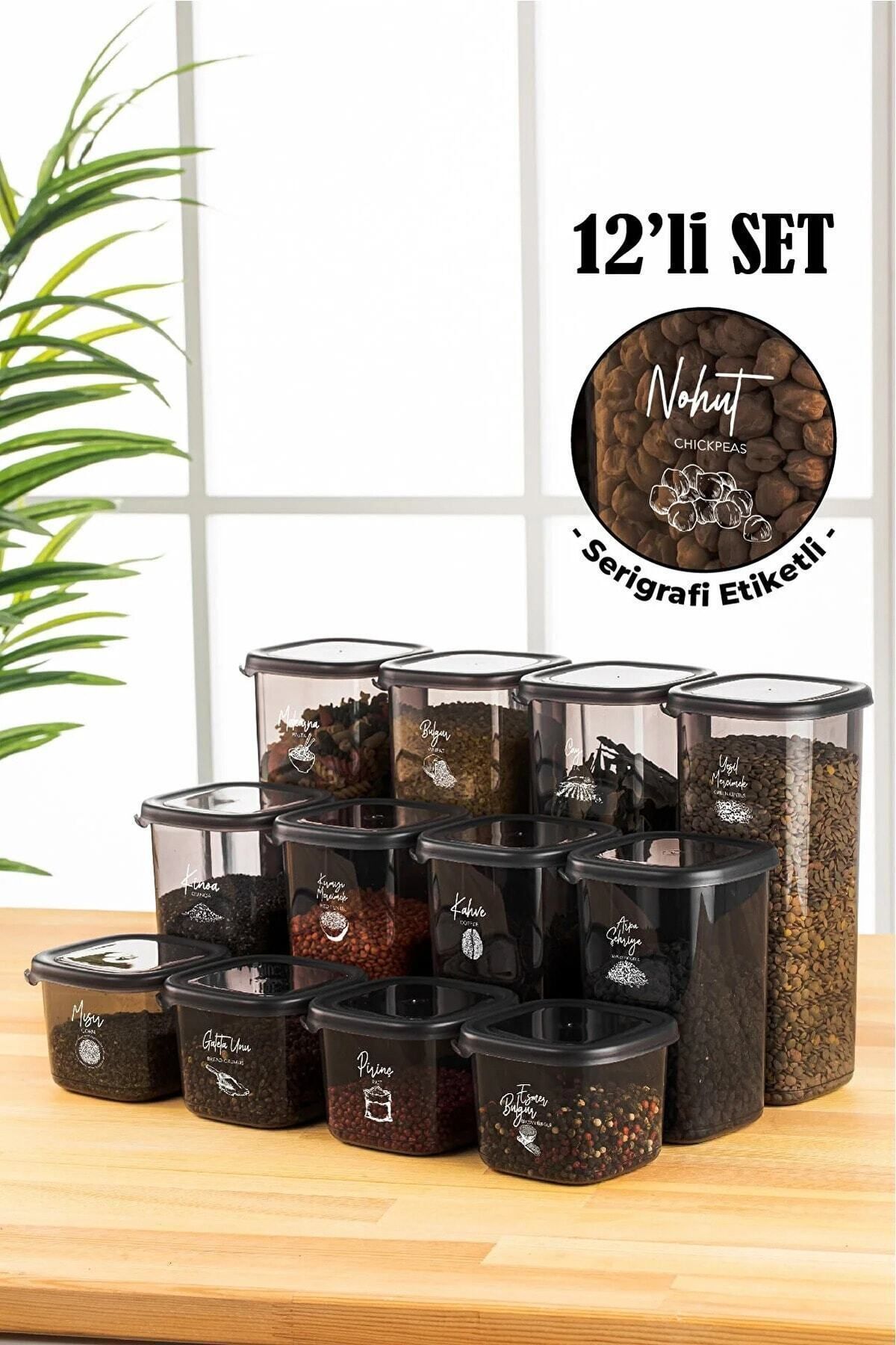 Mhm Collections Beyaz Serigrafi Etiketli Kare Erzak Saklama Kabı 12'li Set 4x(0,55 LİTRE, 1,2 LİTRE, ...