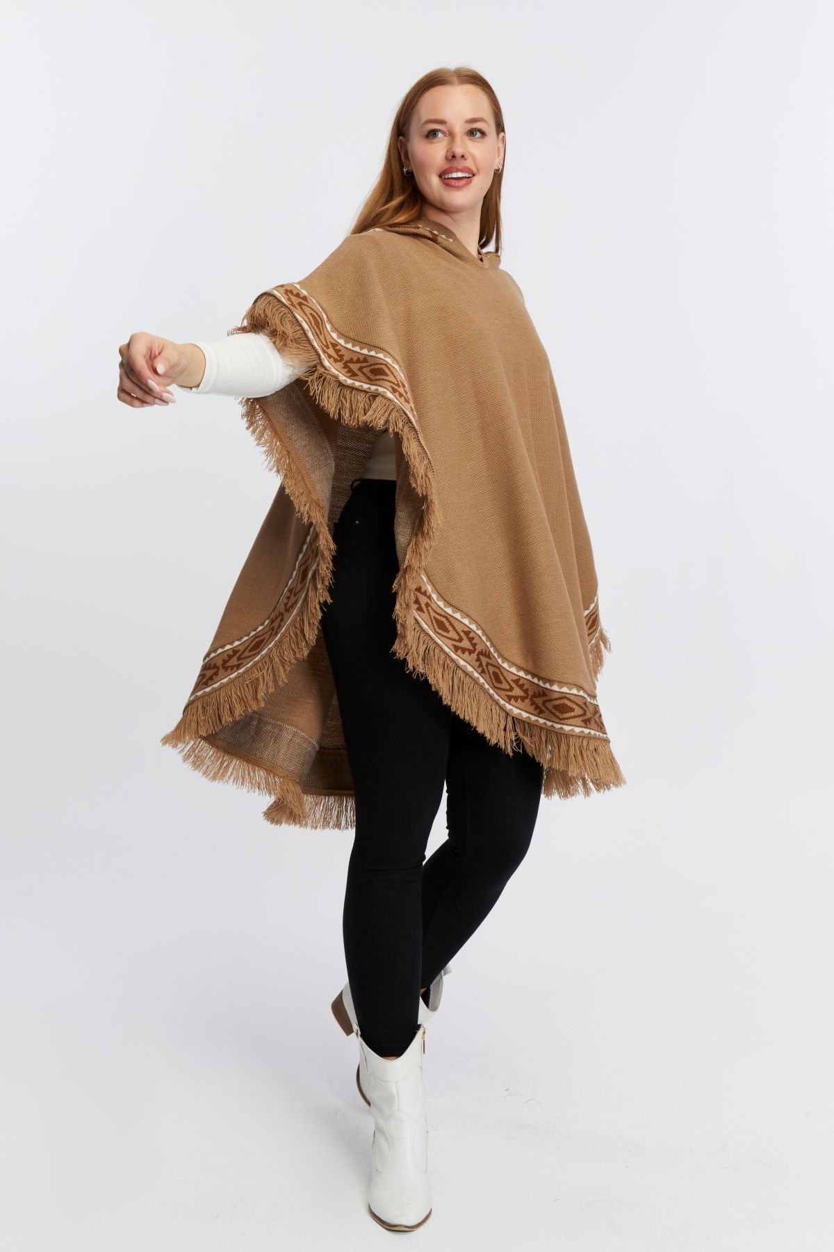 CNR TEKSTİL-Ethnic Patterned Knit Poncho 4