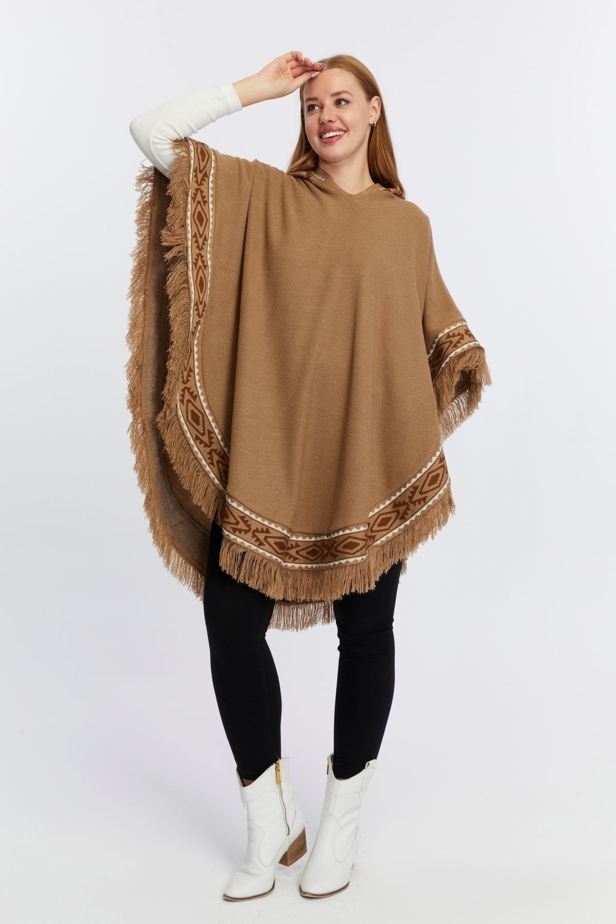 CNR TEKSTİL-Ethnic Patterned Knit Poncho 3