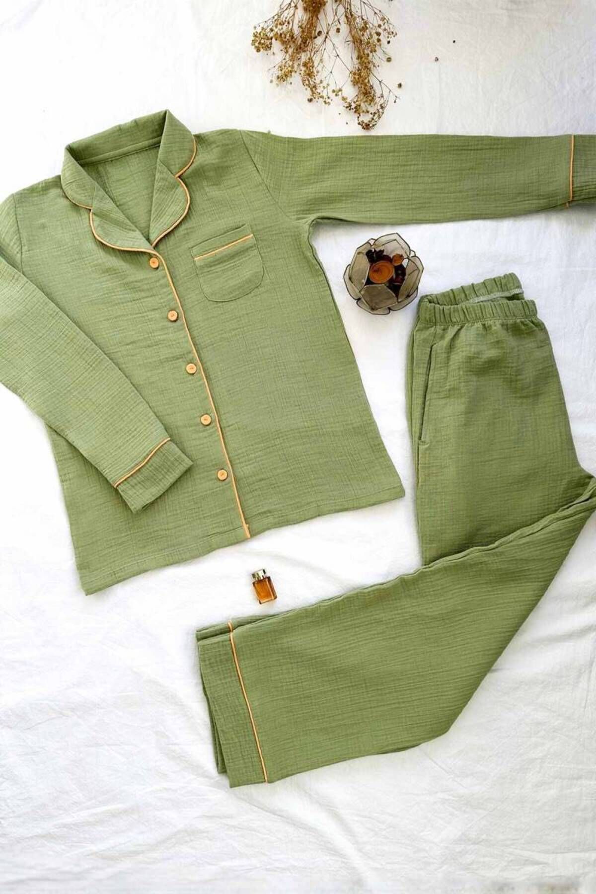 Miss Merveille-Women &Apos; S Sleepwear Set with Crinkle Buttons - Green Muslin Combed Cotton 2815Uk 4