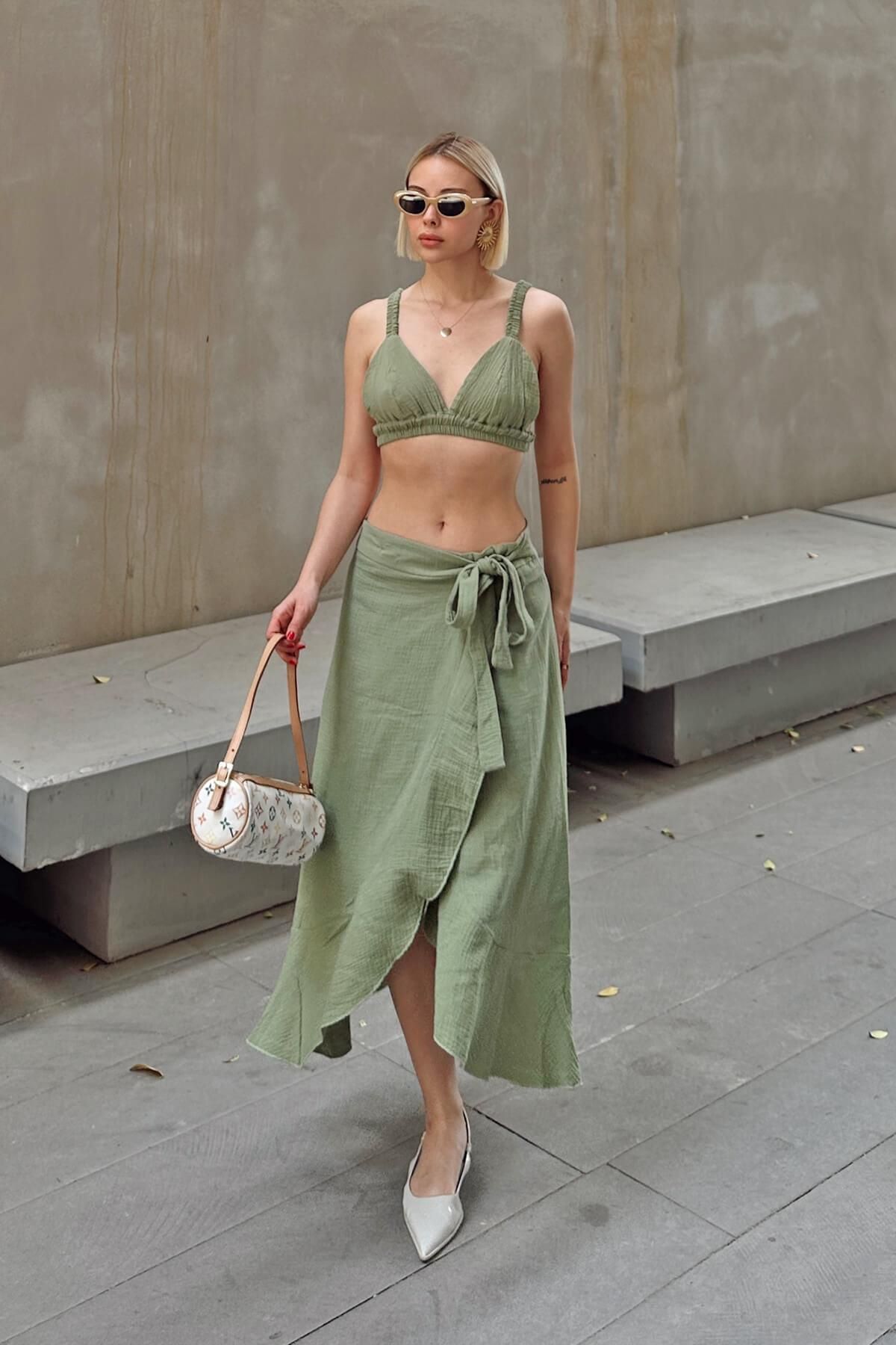 Swist-Khaki Side Tie Skirt-Bustier Muslin Women's Bottom-Top Set 3