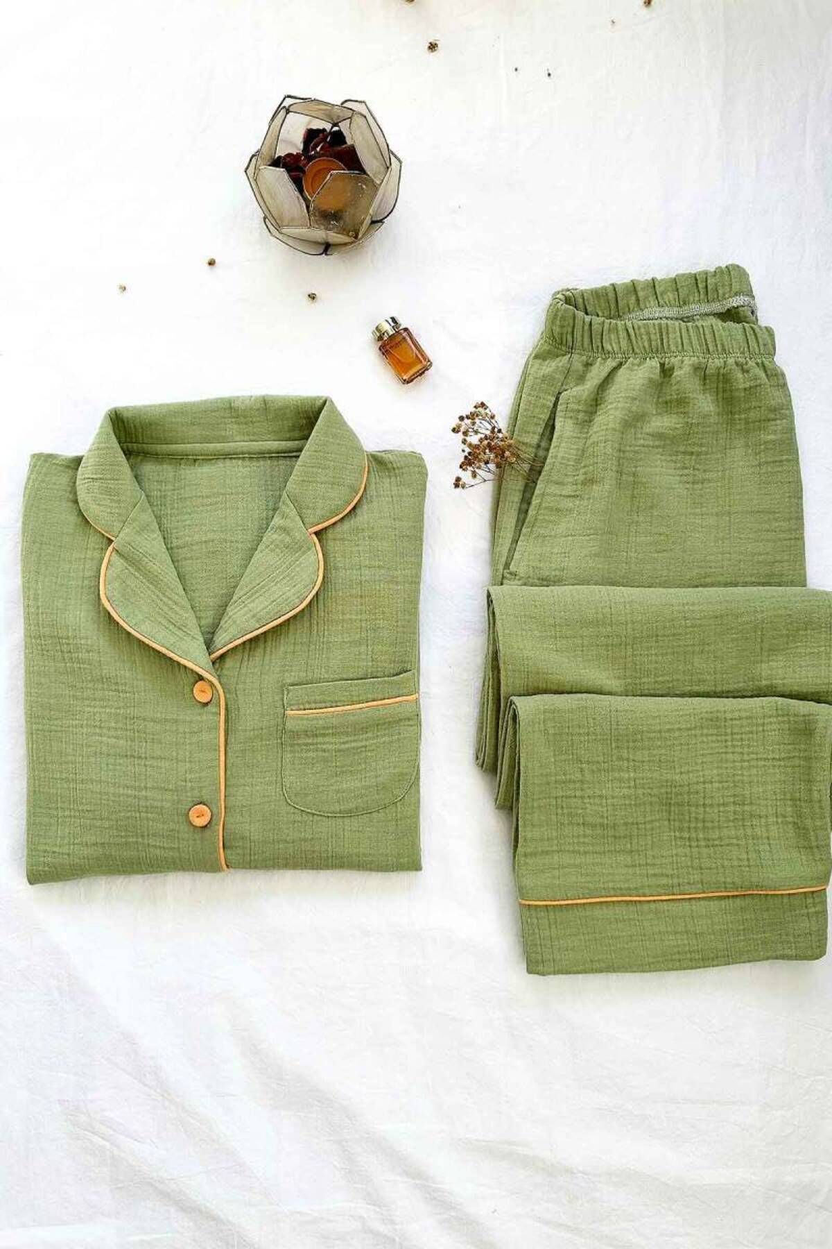 Miss Merveille-Women &Apos; S Sleepwear Set with Crinkle Buttons - Green Muslin Combed Cotton 2815Uk 3