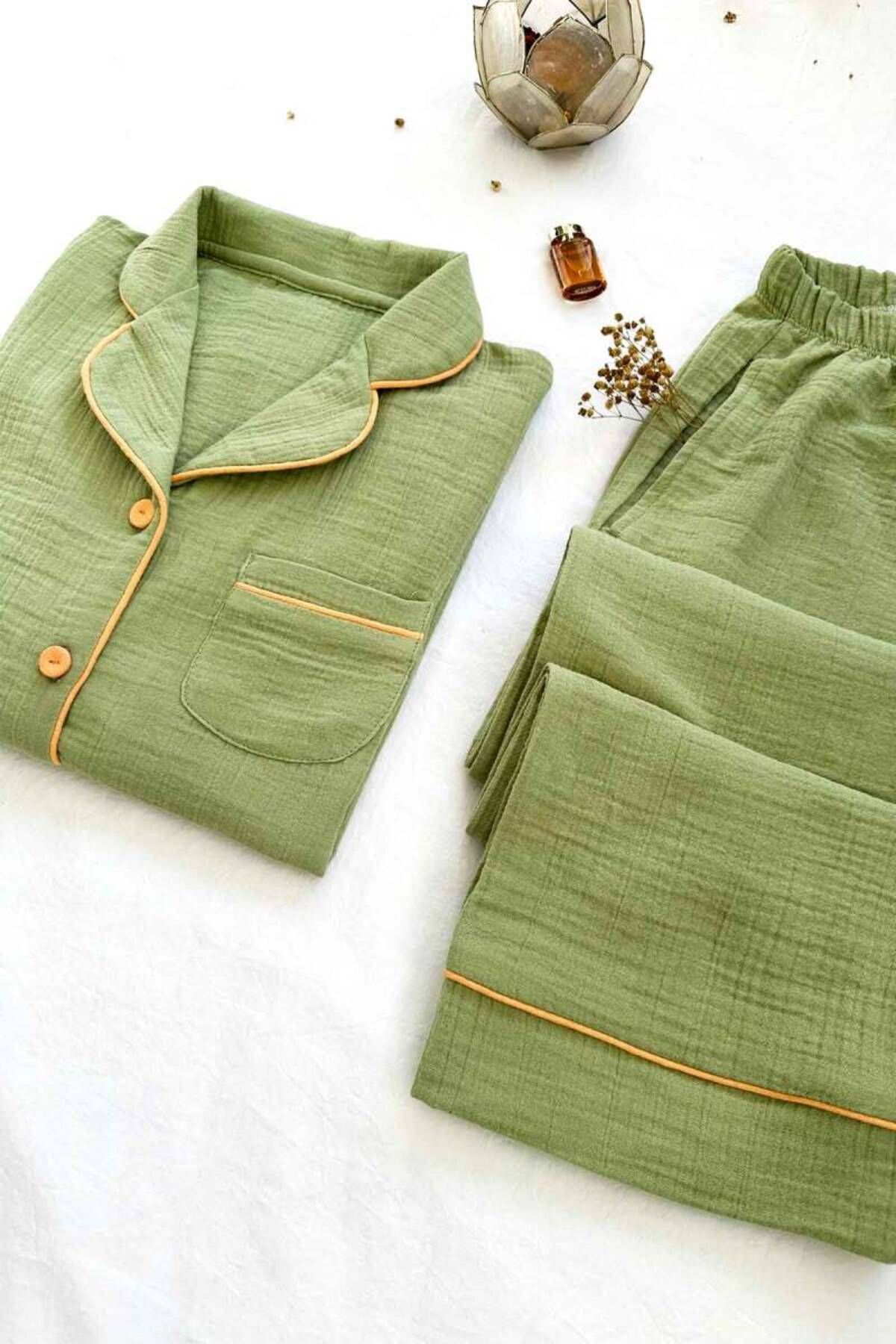 Miss Merveille-Women &Apos; S Sleepwear Set with Crinkle Buttons - Green Muslin Combed Cotton 2815Uk 1