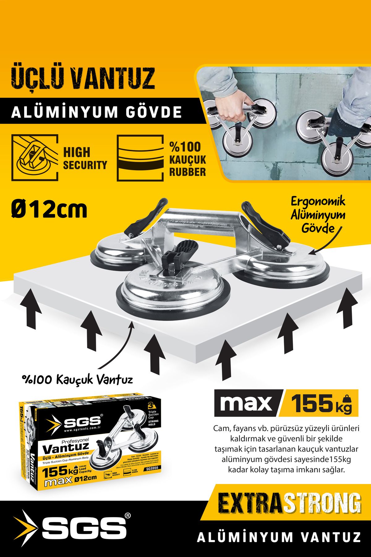 SGS SGS956 155 Kg Üçlü Vantuz Alüminyum Gövdeli Cam Granit Seramik Laminat Ahşap Ayna Taşıma Vantuzu