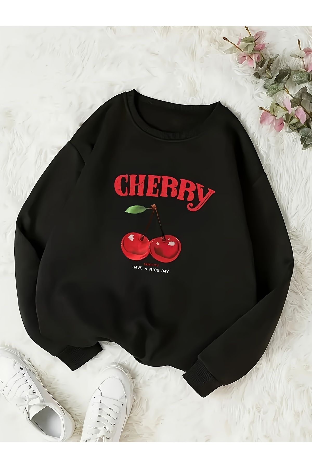 Deocept-Cherry Printed Crew Neck Women's Sweatshirt 1