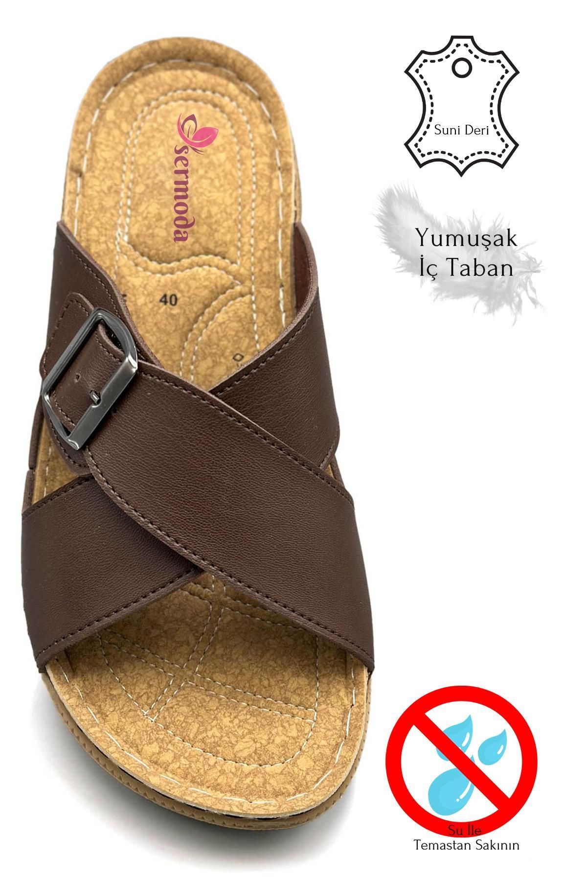 sermoda-Cross Band Buckle Double Band Light Sole Faux Leather Men's Slippers 521 Brown 2