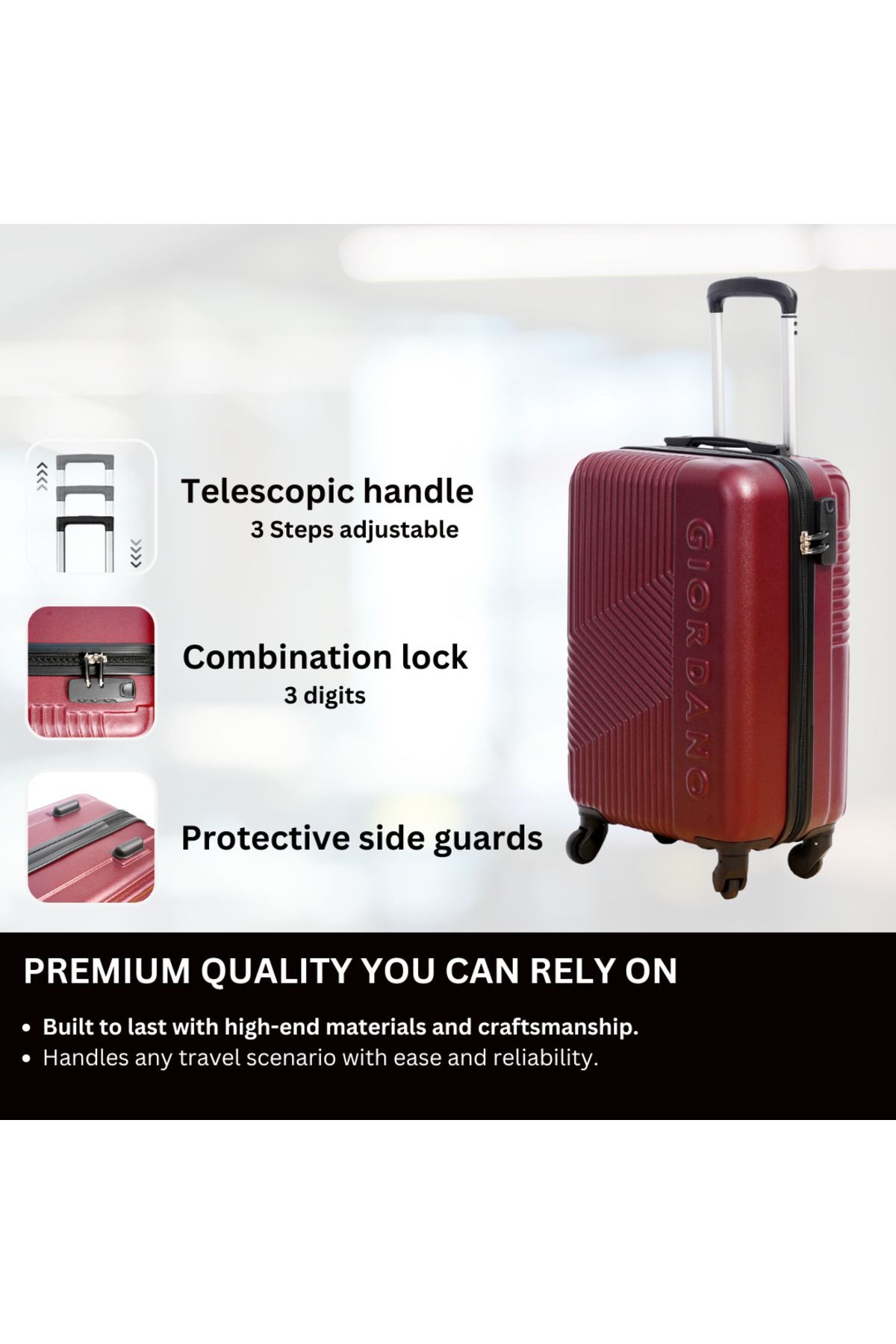 Giordano-Logo Series Medium Suitcase Maroon, ABS HardShell Lightweight Durable Secure Number Lock. 2