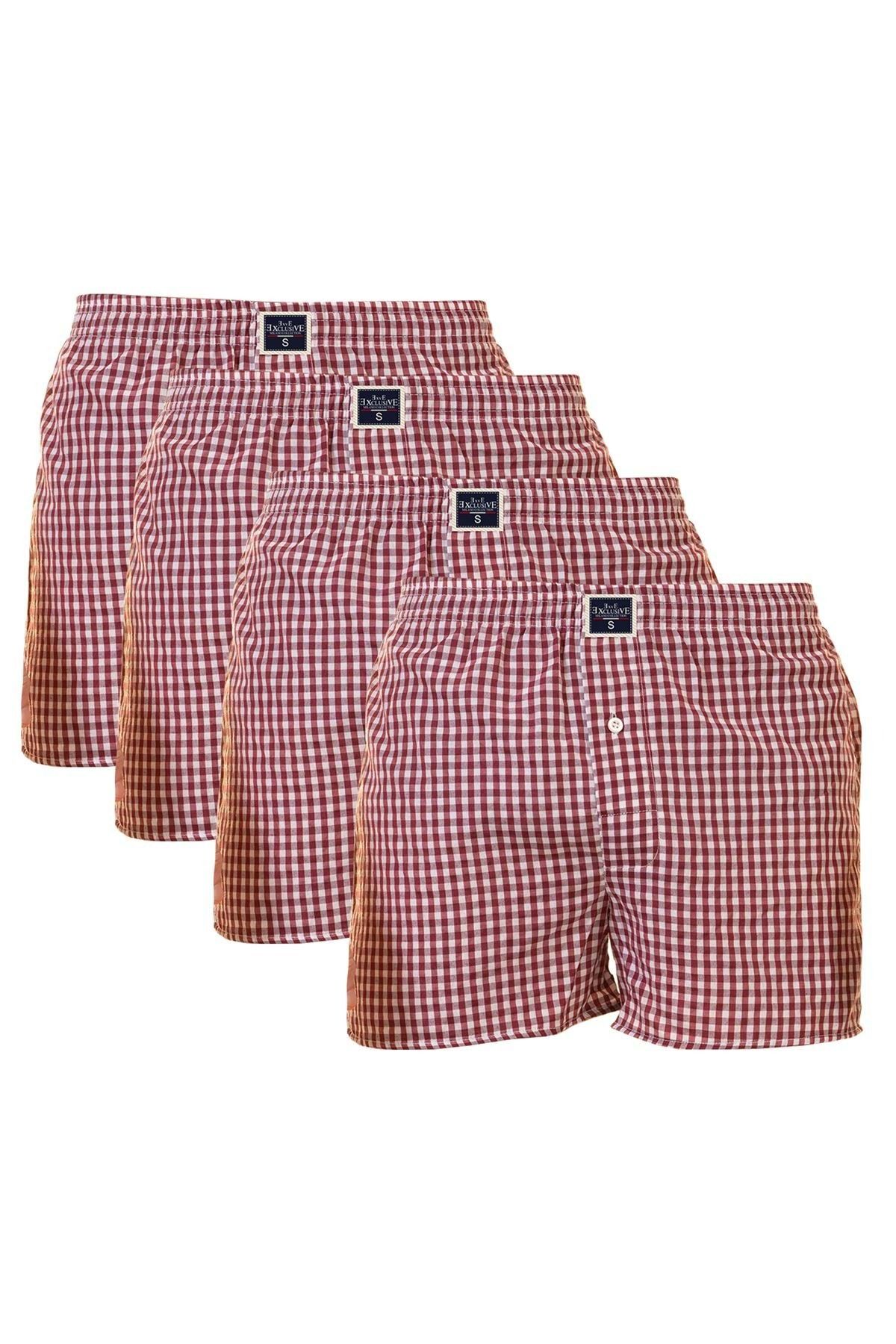 Exve Exclusive-Burgundy White Gingham Cotton Woven 4-Piece Men's Boxer Shorts Comfortable Boxer Set 1