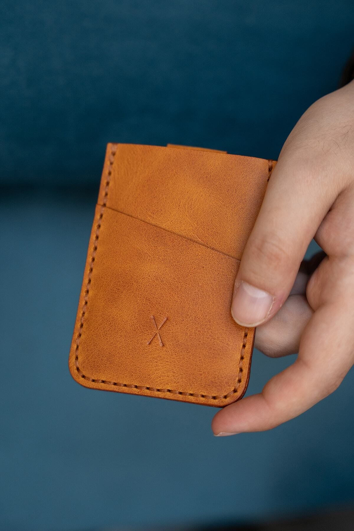 minimal X design-Minimal X V2 - Camel Color Mechanism Card Holder, Real Leather & Handmade - Practical Design 6