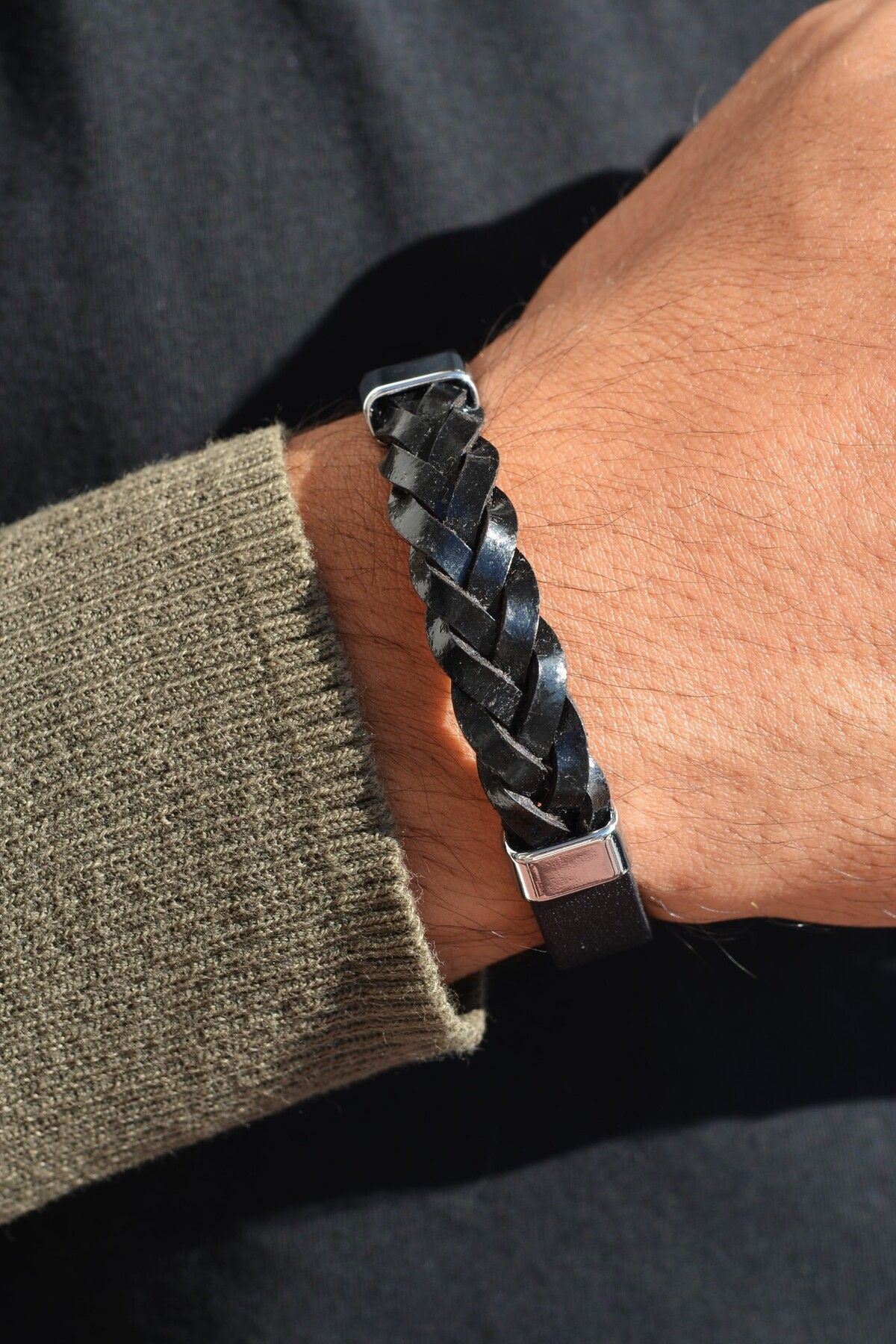 Sacce Scarves&Accessories-Men's Knitted Leather Bracelet - Lightweight and Thick, Casual Style, with Steel Lock System 3