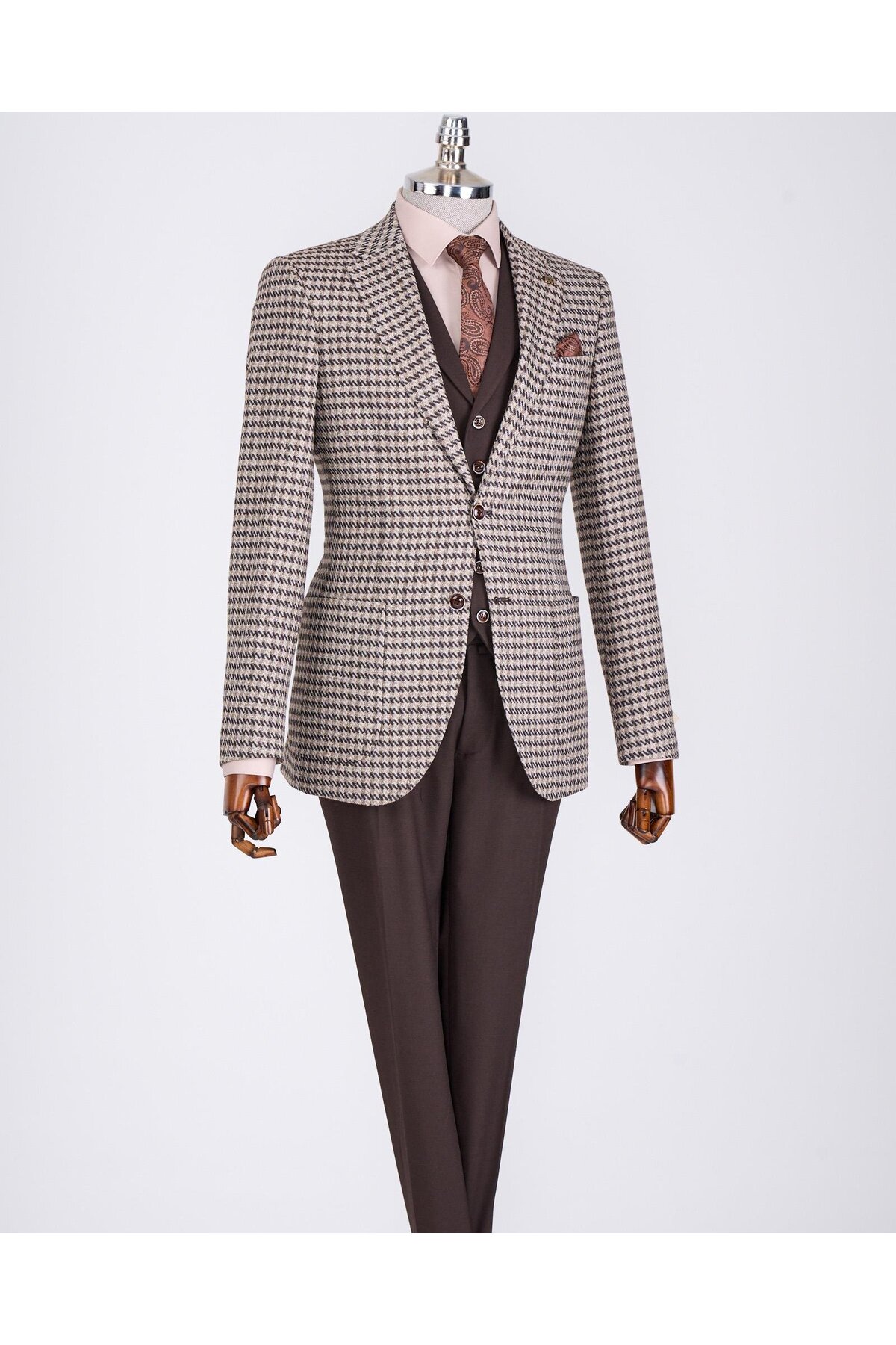 TerziAdemAltun İtalyan stil slim fit erkek kombin ceket yelek pantolon takım elbise kahverengi T13077 görsel 4