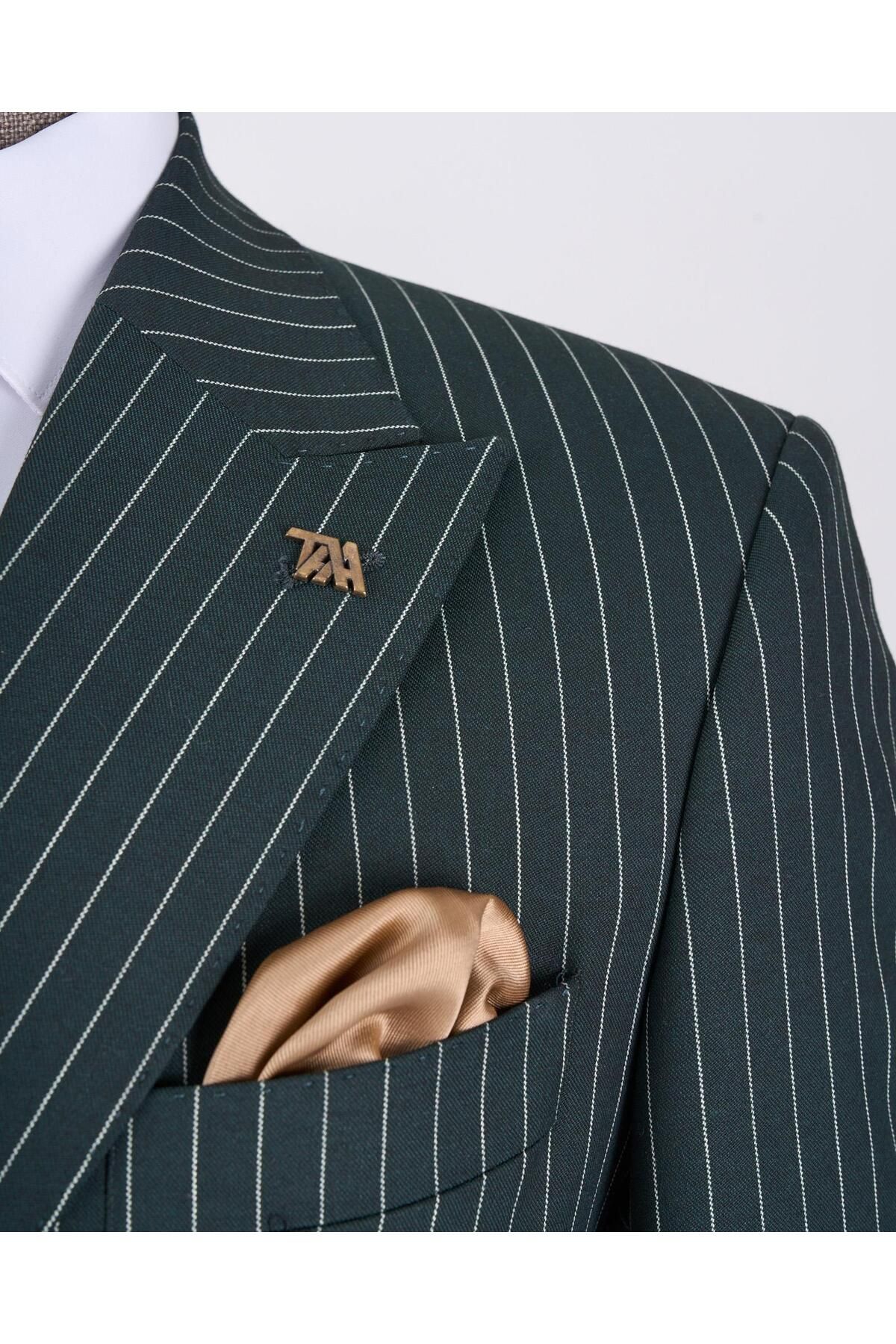 TerziAdemAltun-Green Slim Fit Striped Double Breasted Jacket and Pants Set - T13062 6