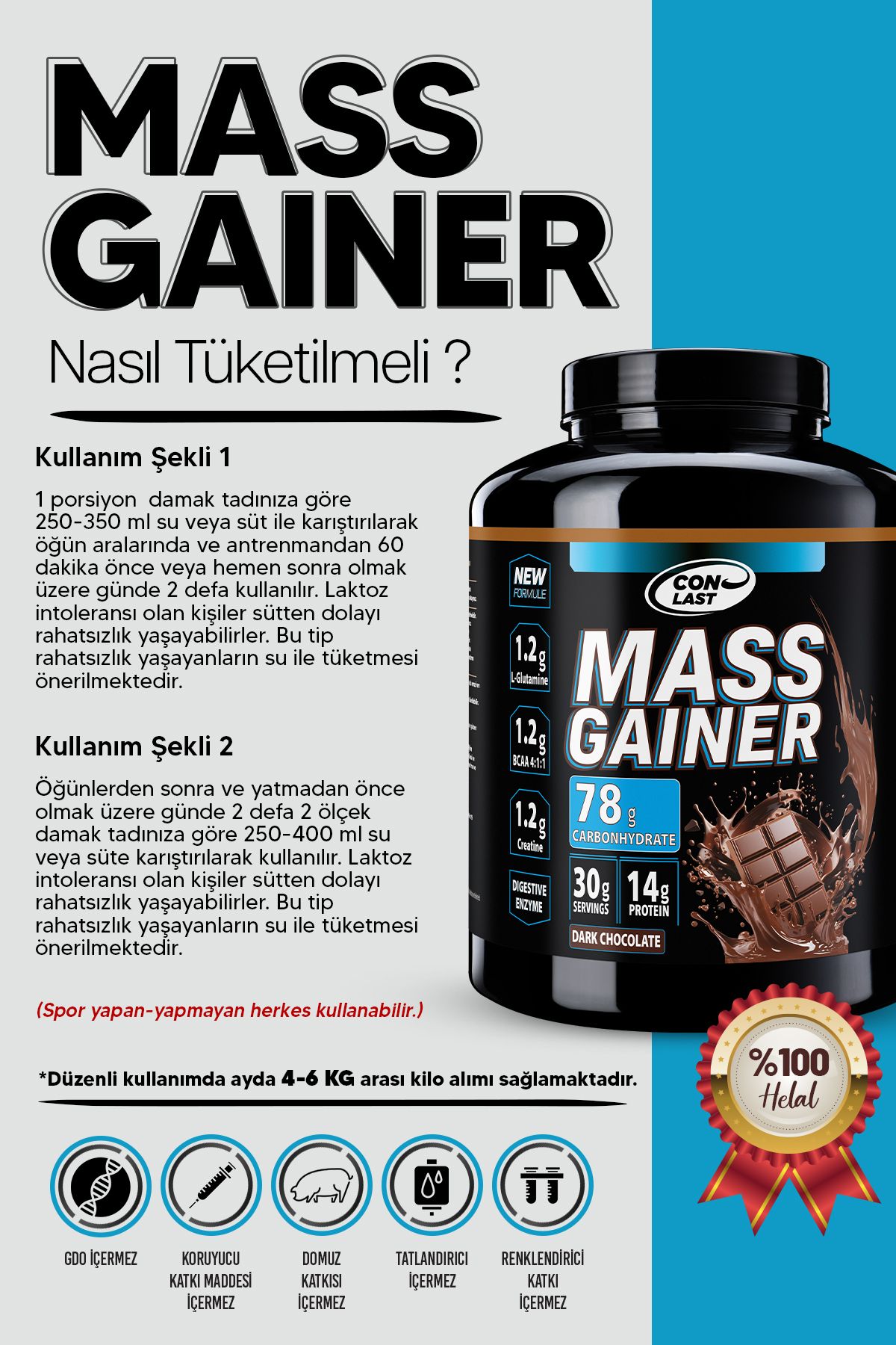 Conlast-Mass Gainer Chocolate 3000g /Glutamine 300 G/ Creatine 300g Green Apple 4