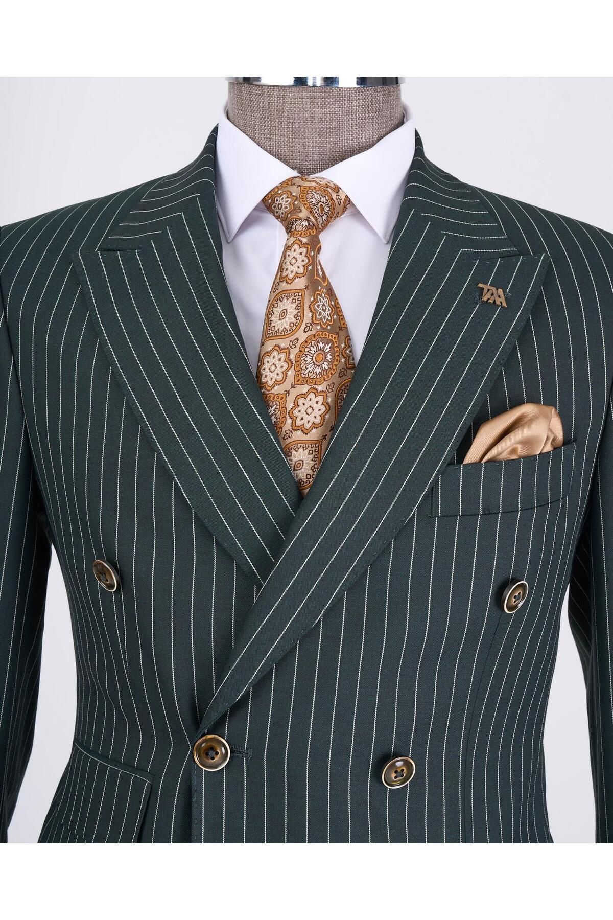 TerziAdemAltun-Green Slim Fit Striped Double Breasted Jacket and Pants Set - T13062 4