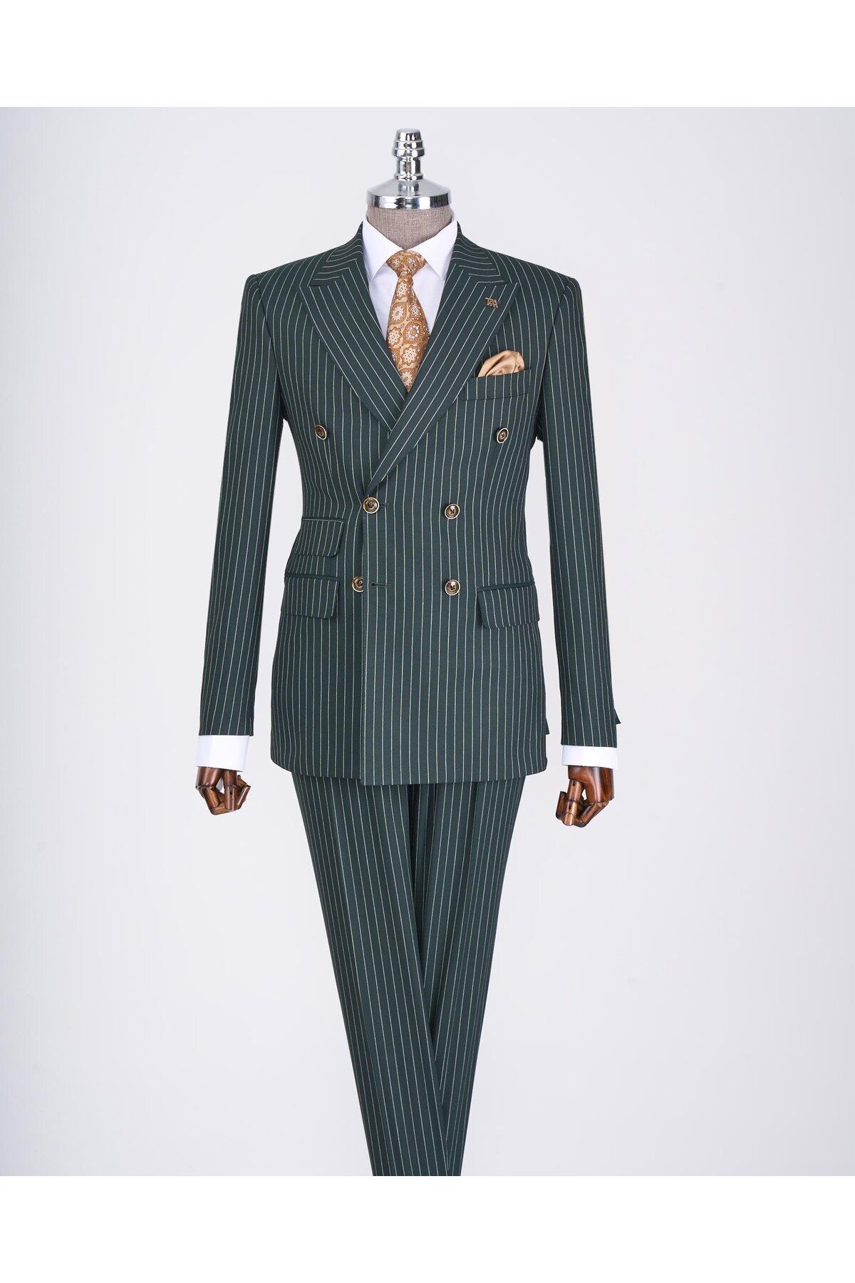 TerziAdemAltun-Green Slim Fit Striped Double Breasted Jacket and Pants Set - T13062 1