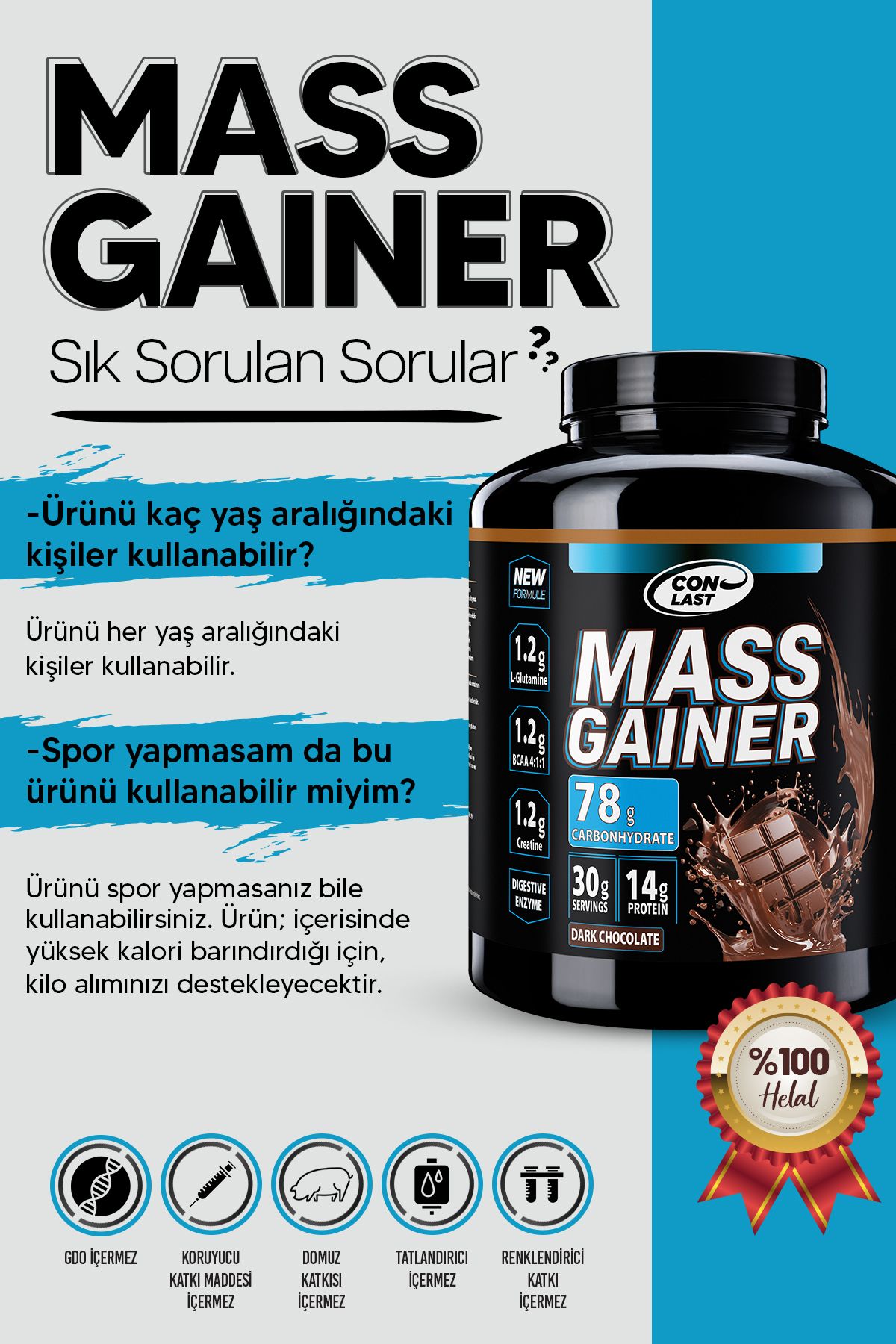 Conlast-Mass Gainer Chocolate 3000g /Glutamine 300 G/ Creatine 300g Green Apple 5