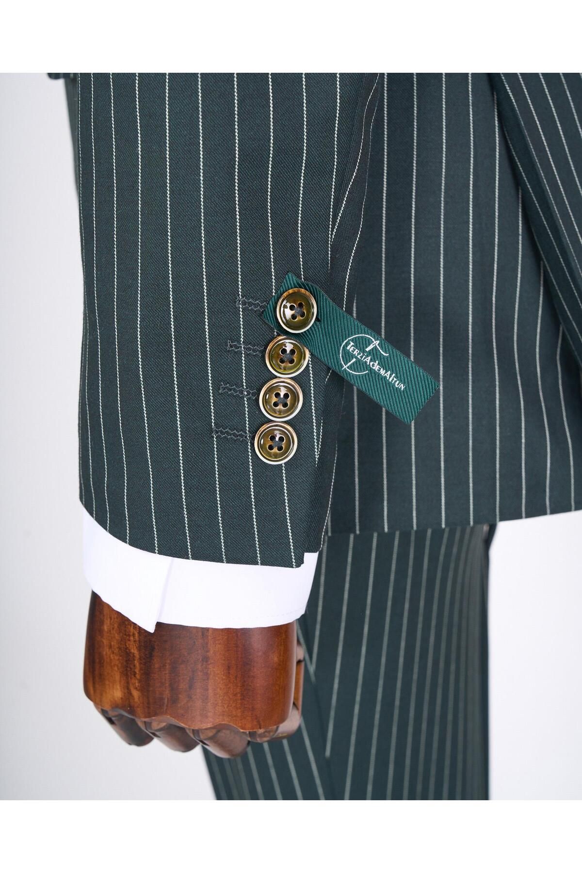 TerziAdemAltun-Green Slim Fit Striped Double Breasted Jacket and Pants Set - T13062 7