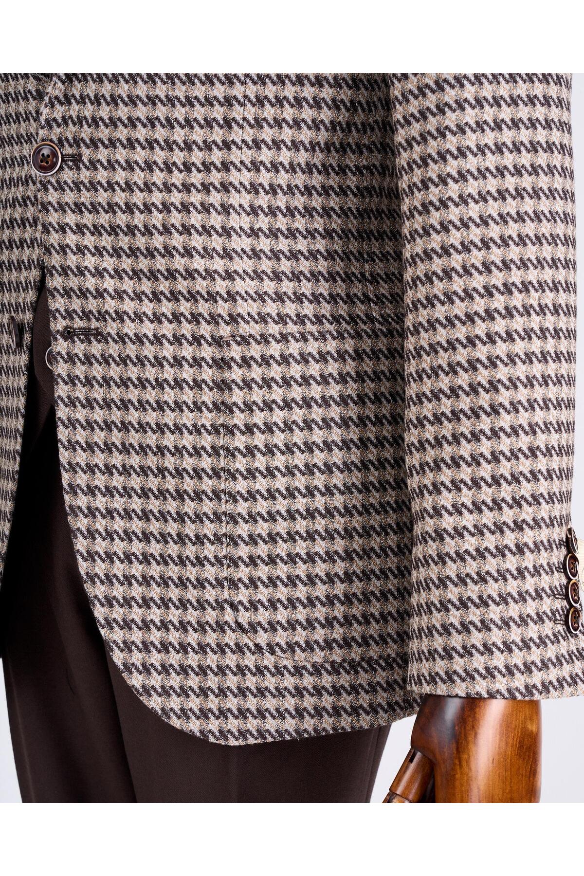 TerziAdemAltun İtalyan stil slim fit erkek kombin ceket yelek pantolon takım elbise kahverengi T13077 görsel 6