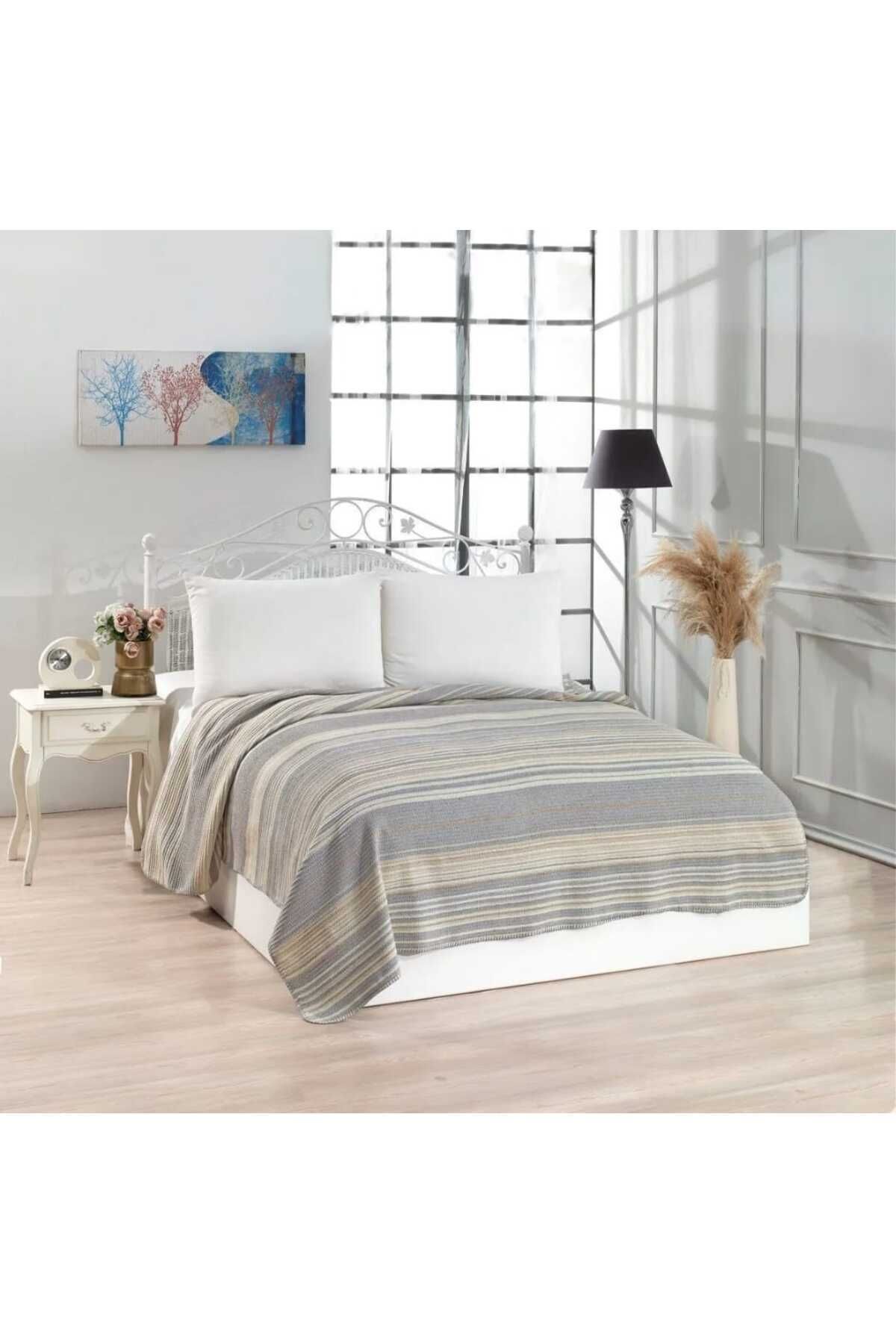 enti ev tekstili-4 Seasons Double Cotton Blanket - Gray 1 Piece 2