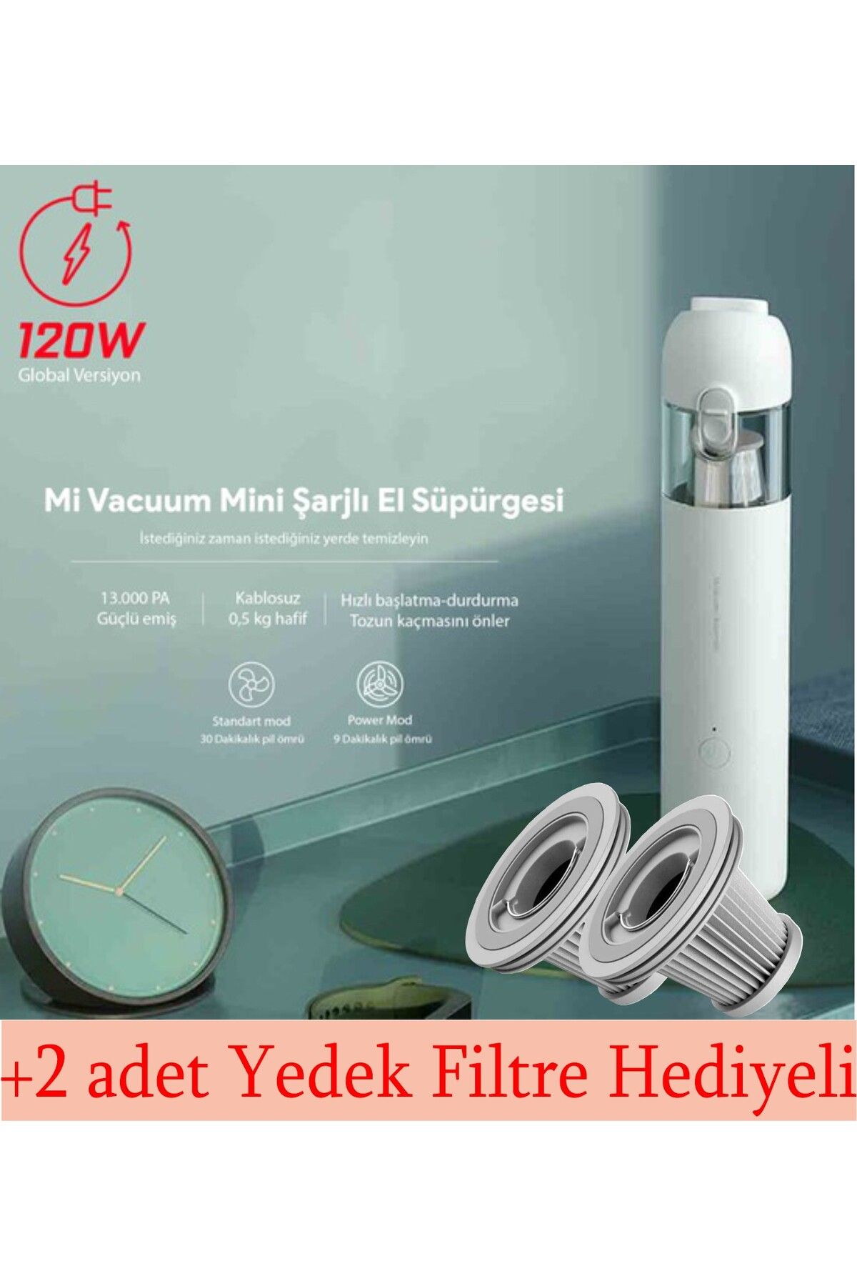 Mi Vacuum Mini Şarjlı Araç içi El Süpürgesi 120 Watt Mijia Global Çift Kademe +Hediye Yedek Filtre