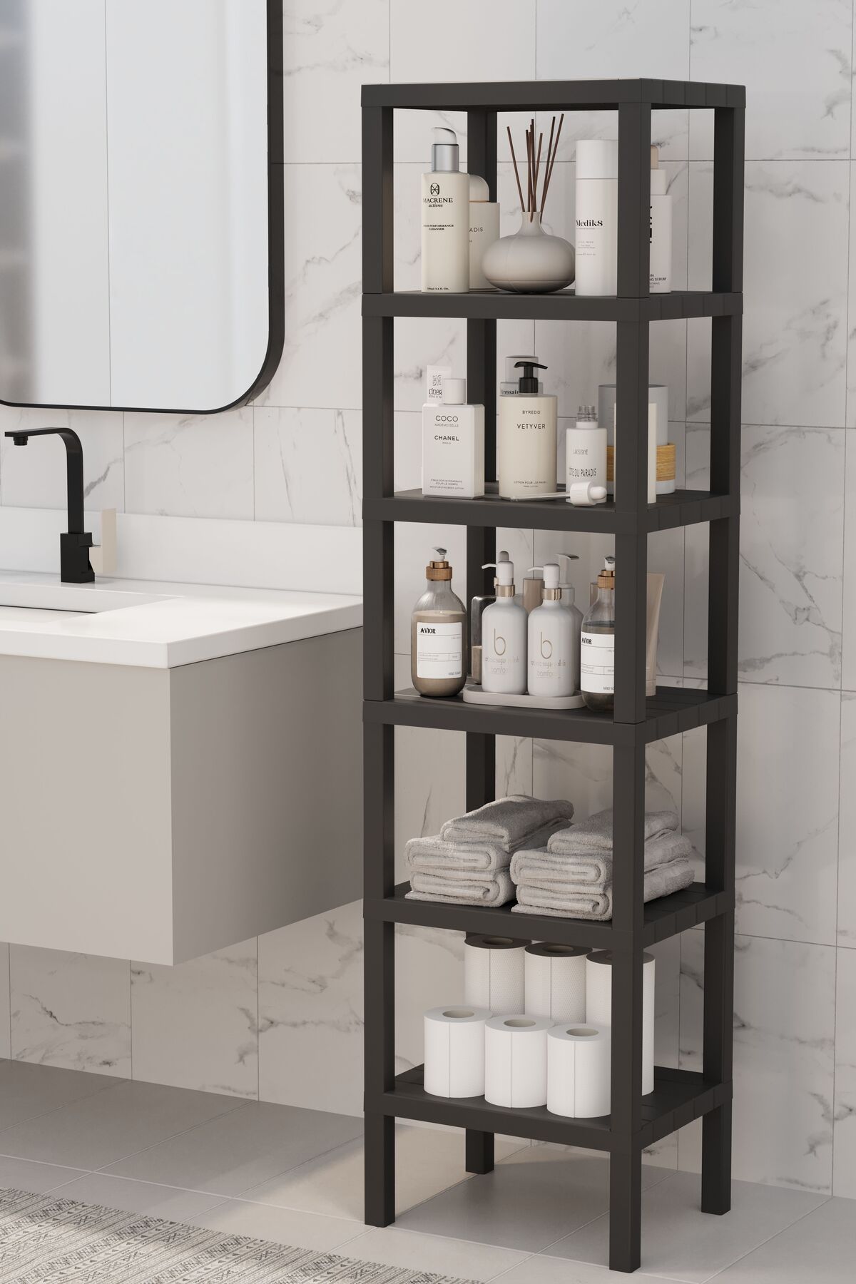 Shelf 6 Katlı Düzenleyici Plastik Raf Ünitesi Siyah, Kitaplık, Banyo, Mutfak Rafı