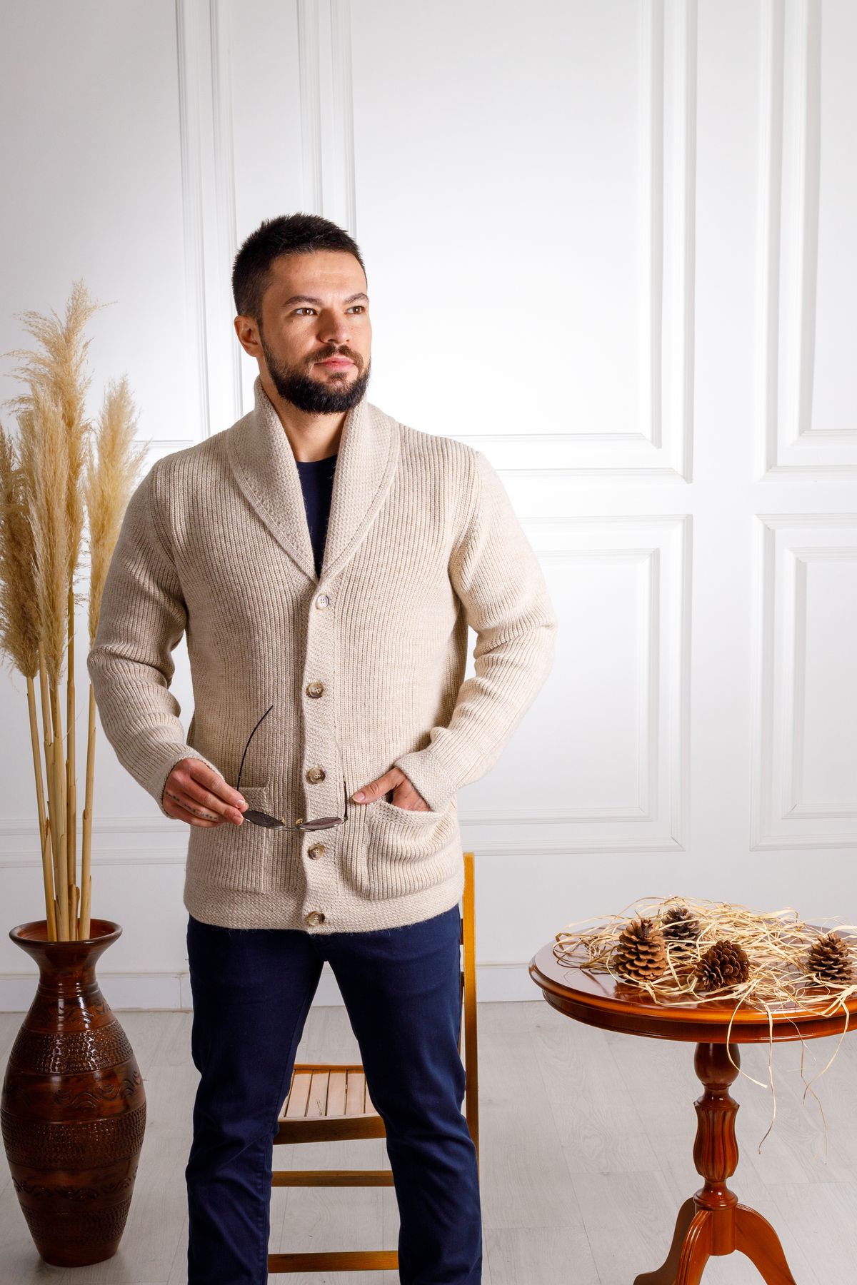 Sarar-Beige Cardigan with Interview Wraps Shawl Collar Buttons Pockets 1