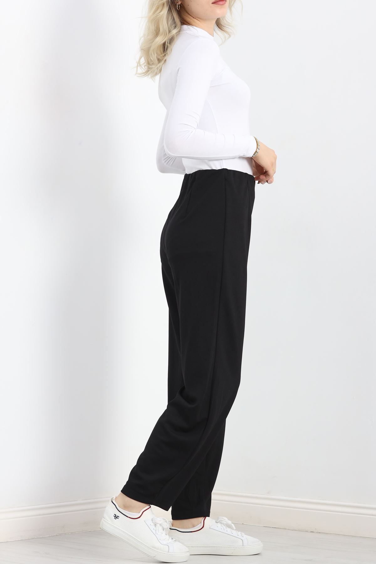 Afrodit-Wide Cut Black Trousers - Collet Detailed 7