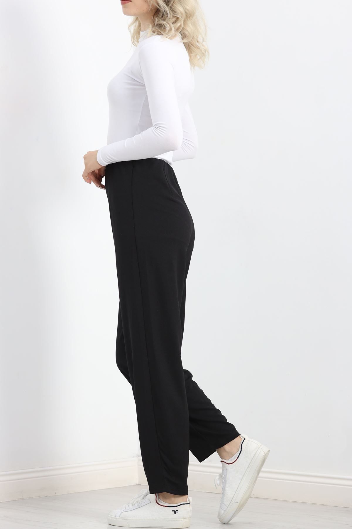 Afrodit-Wide Cut Black Trousers - Collet Detailed 6