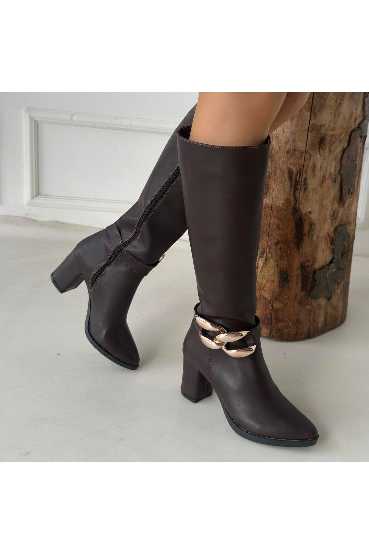 Afrodit-Brown Leather Heeled Boots 4