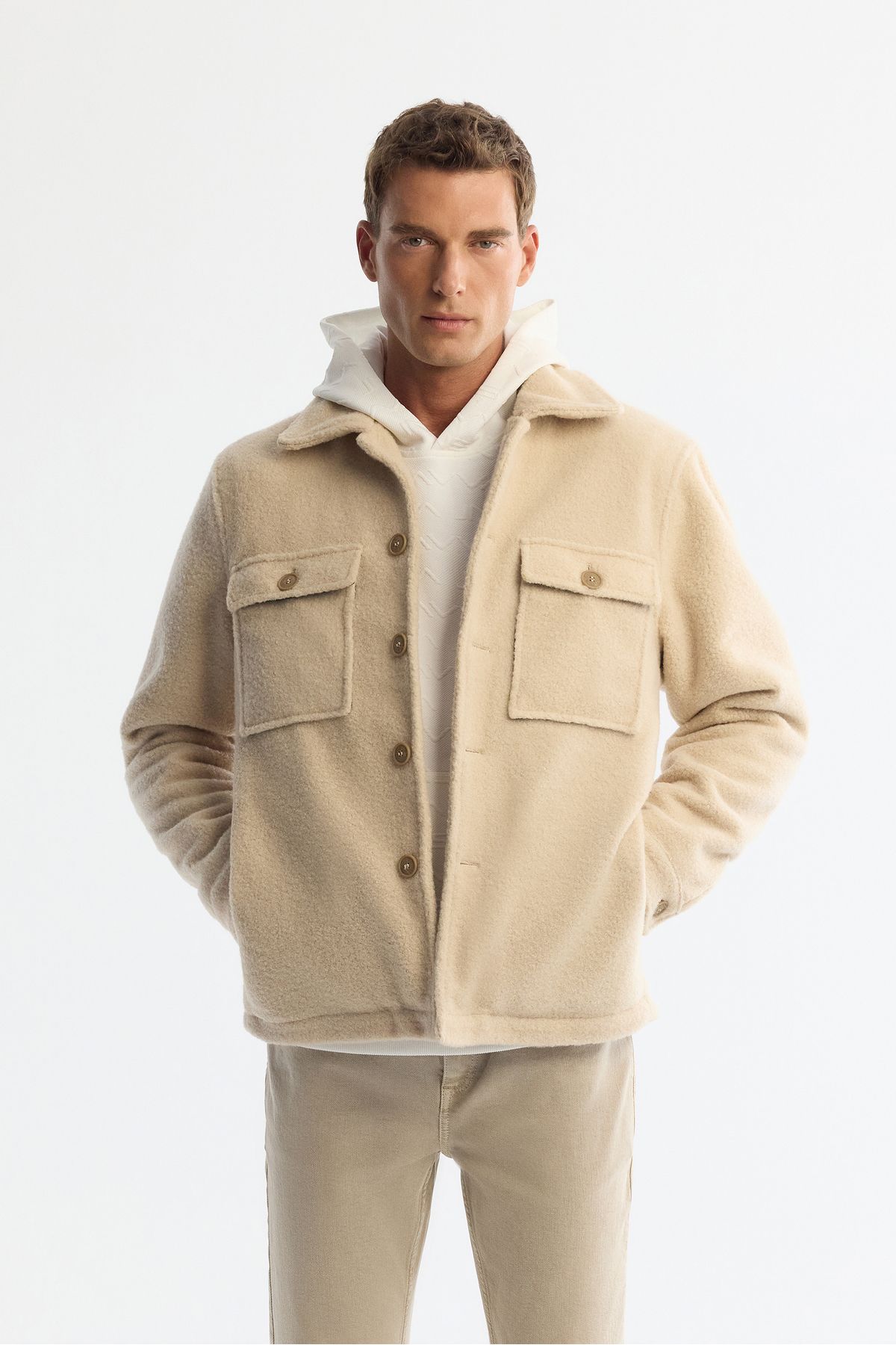 Avva-Men's Beige Classic Lapel Windproof Plush Coat with Thermometer A42Y6085 1