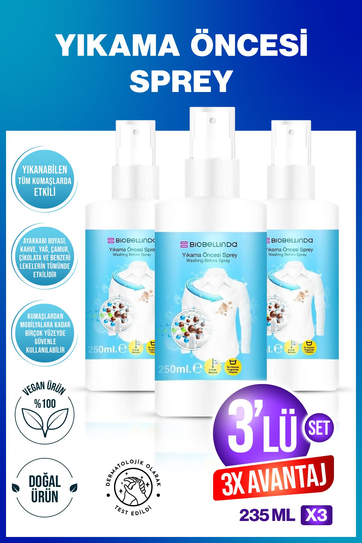 BioBellinda Yıkama Öncesi Sprey 235 ml ( 3'LÜ SET )