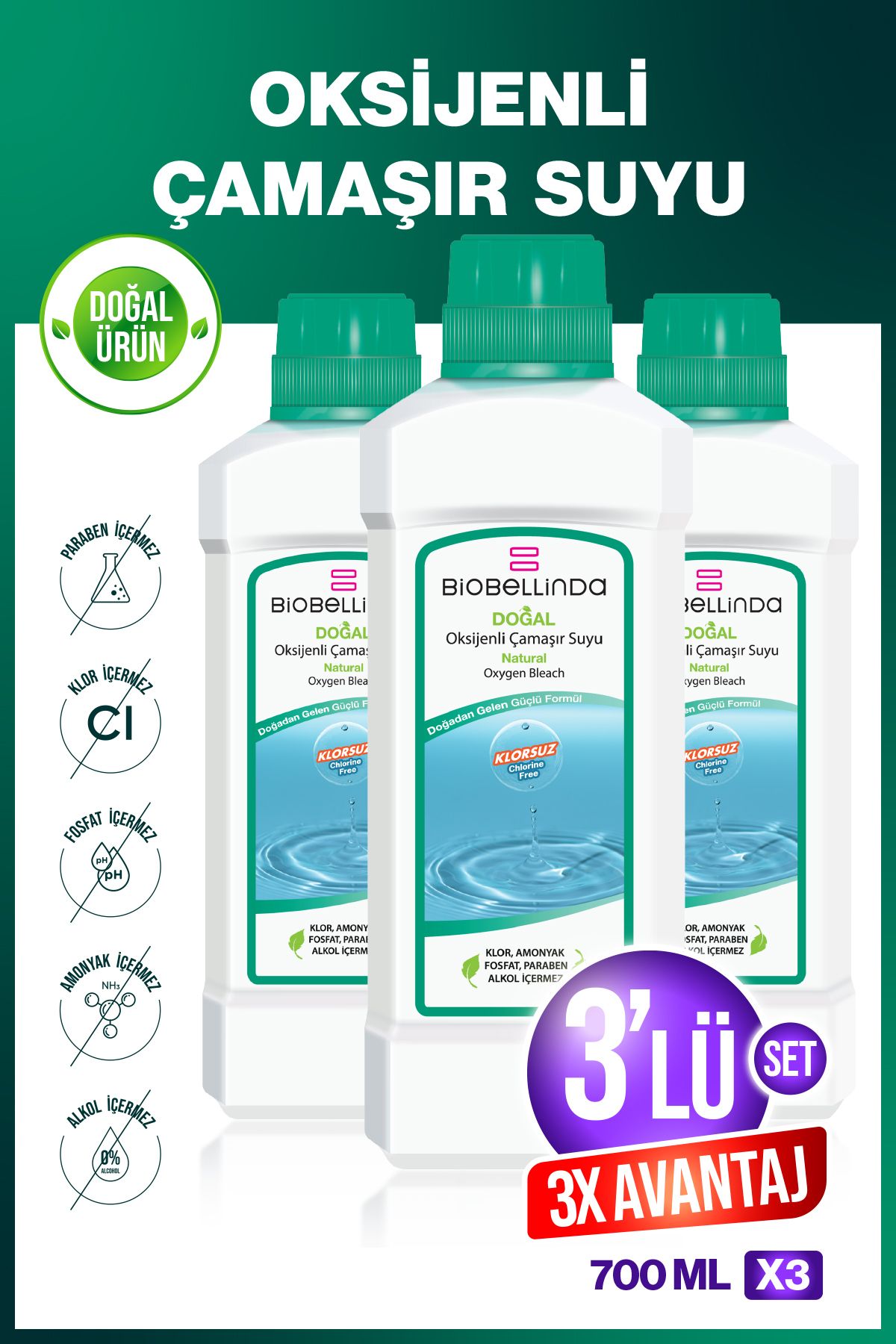 BioBellinda Oksijenli Çamaşır Suyu 700 ml ( 3'LÜ SET )