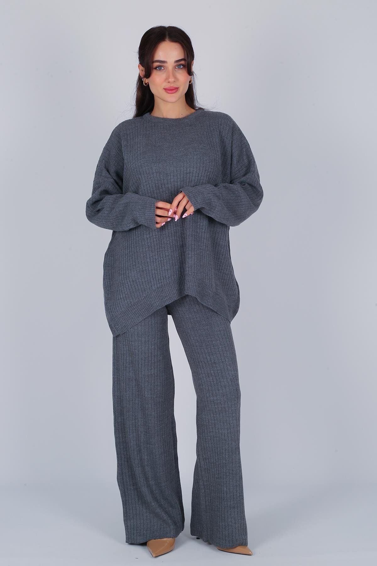 FACETTE-Women's Gray Long Sleeve Sweater Pants Knitwear Set 2