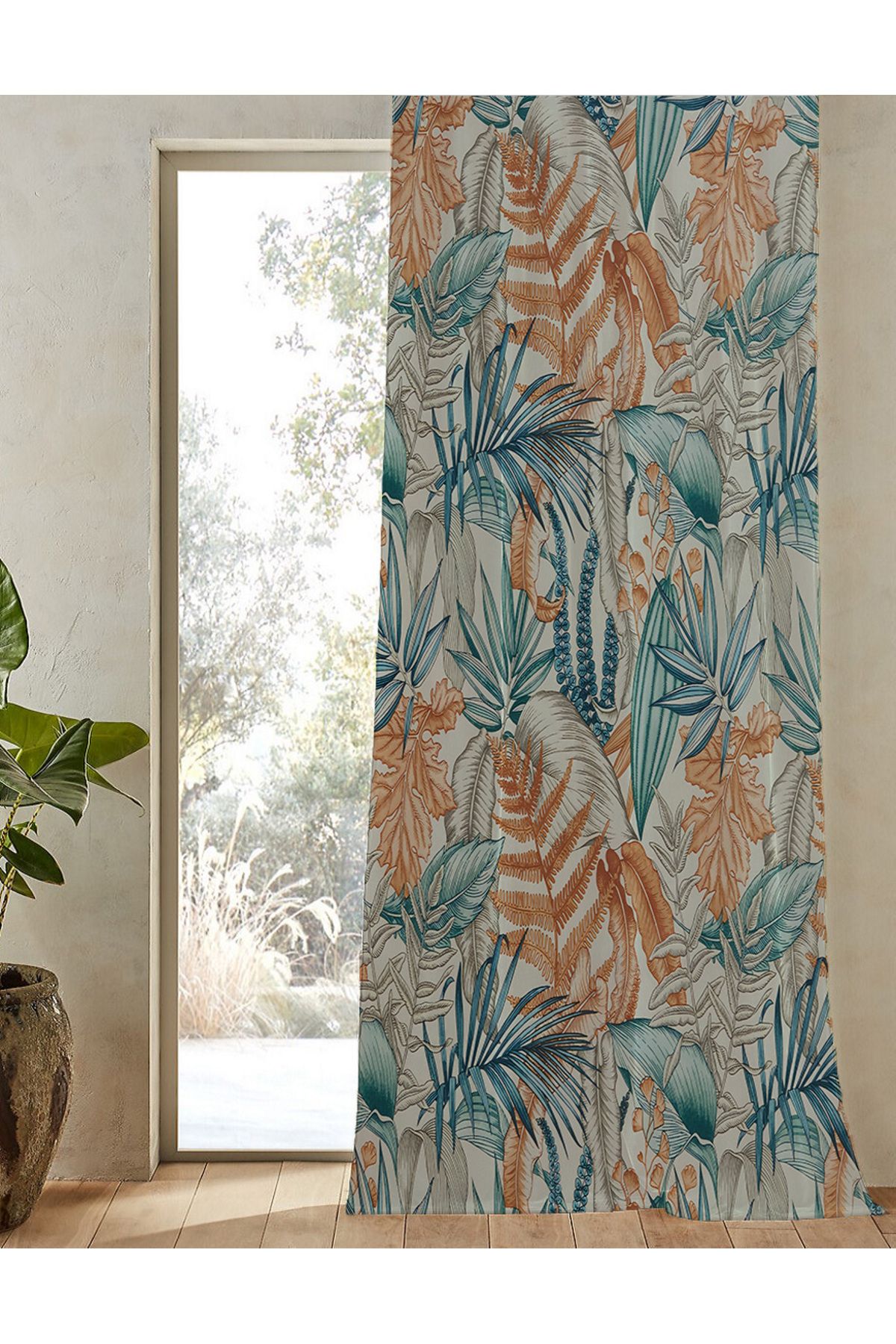 GREENDECOR-Bohemian Leaf Pattern Special Design Digital Printed (Single Wing) Background Curtain Soft Color Curtain 3