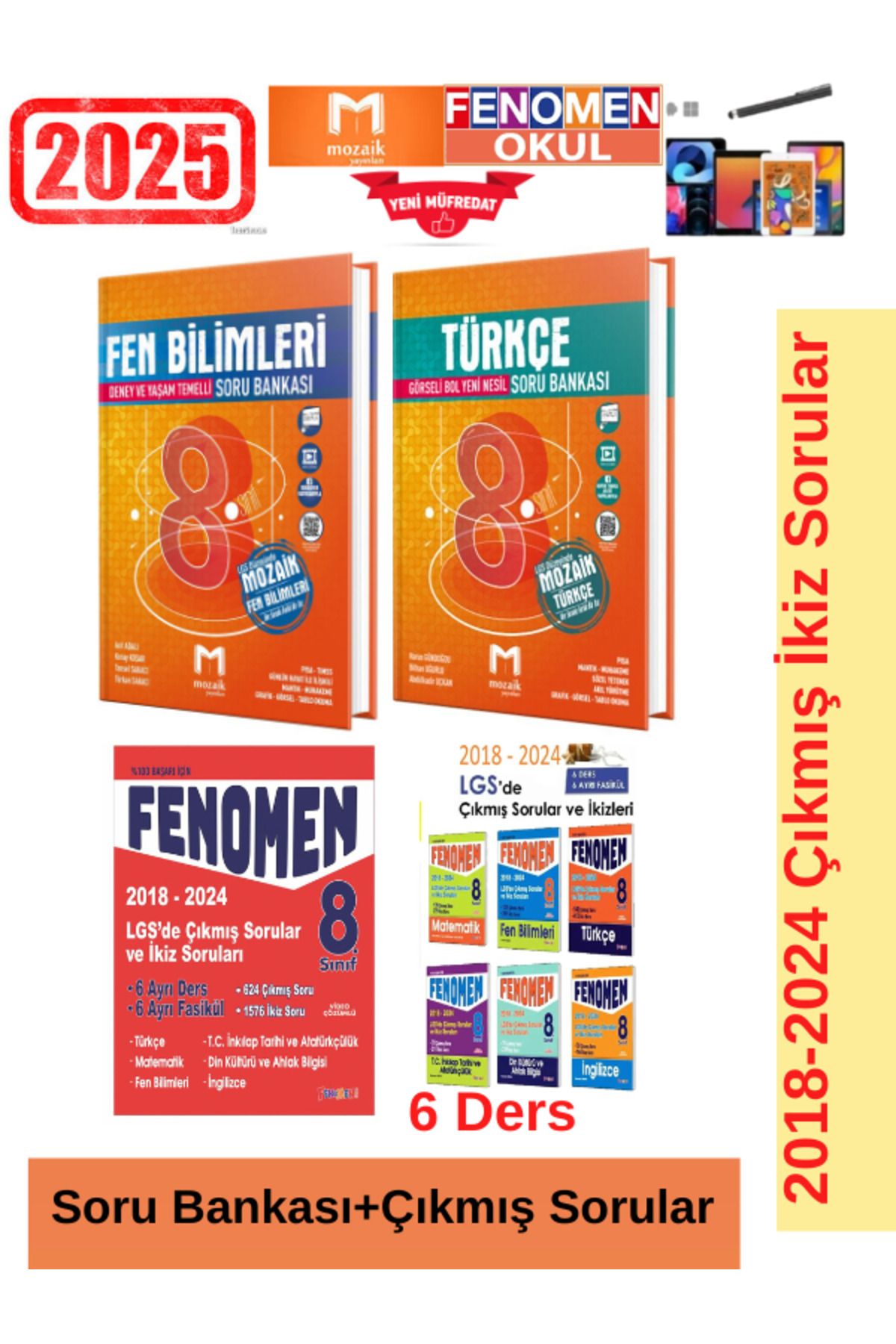 Marsis Yayınları Mozaik Fen-Türkçe Soru Bankası+Lgs 2018-2024 Çıkmış İkiz Soru Seti+Kalem