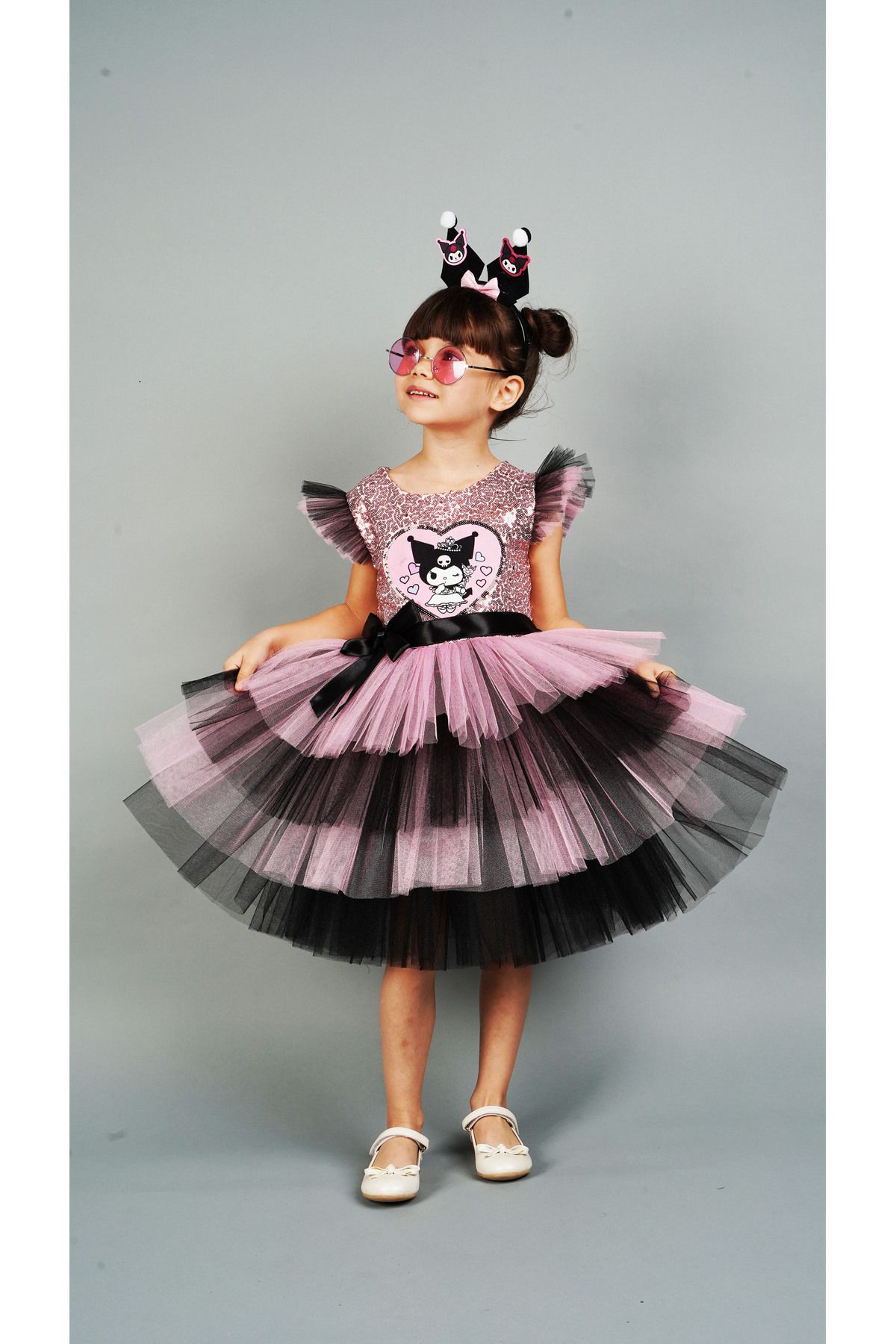 Delfini kids-Pink Kuromi̇ Sequin Birthday Princess Costume and Gown with Crown Accessories 7