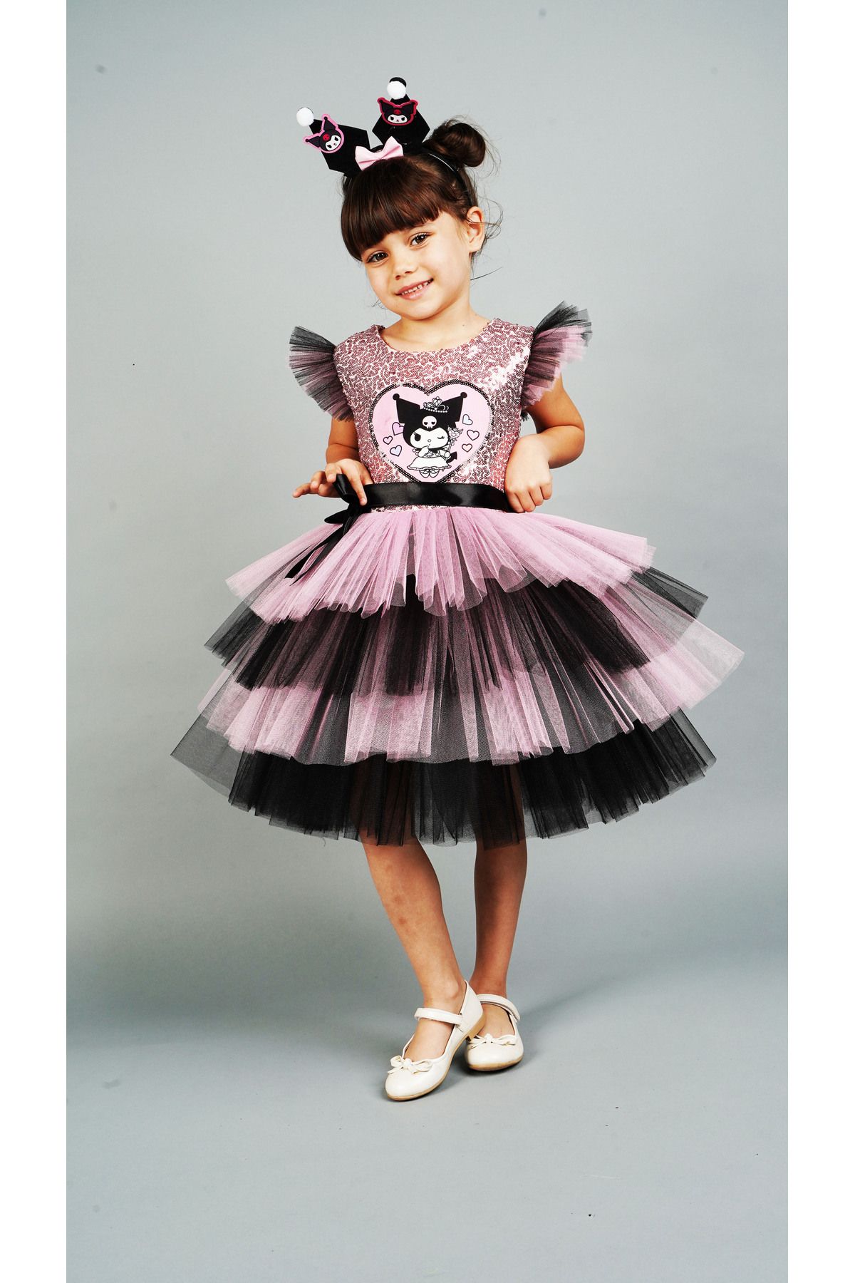 Delfini kids-Pink Kuromi̇ Sequin Birthday Princess Costume and Gown with Crown Accessories 5