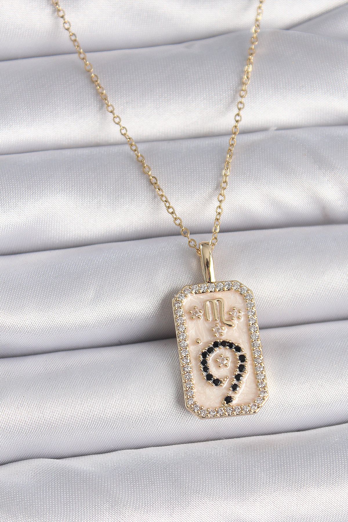 MR RZN STORE 316L Çelik Gold Renk Zincir Akrep Burcu Zirkon Taşlı Kadın Kolye - TJ-BKO9465