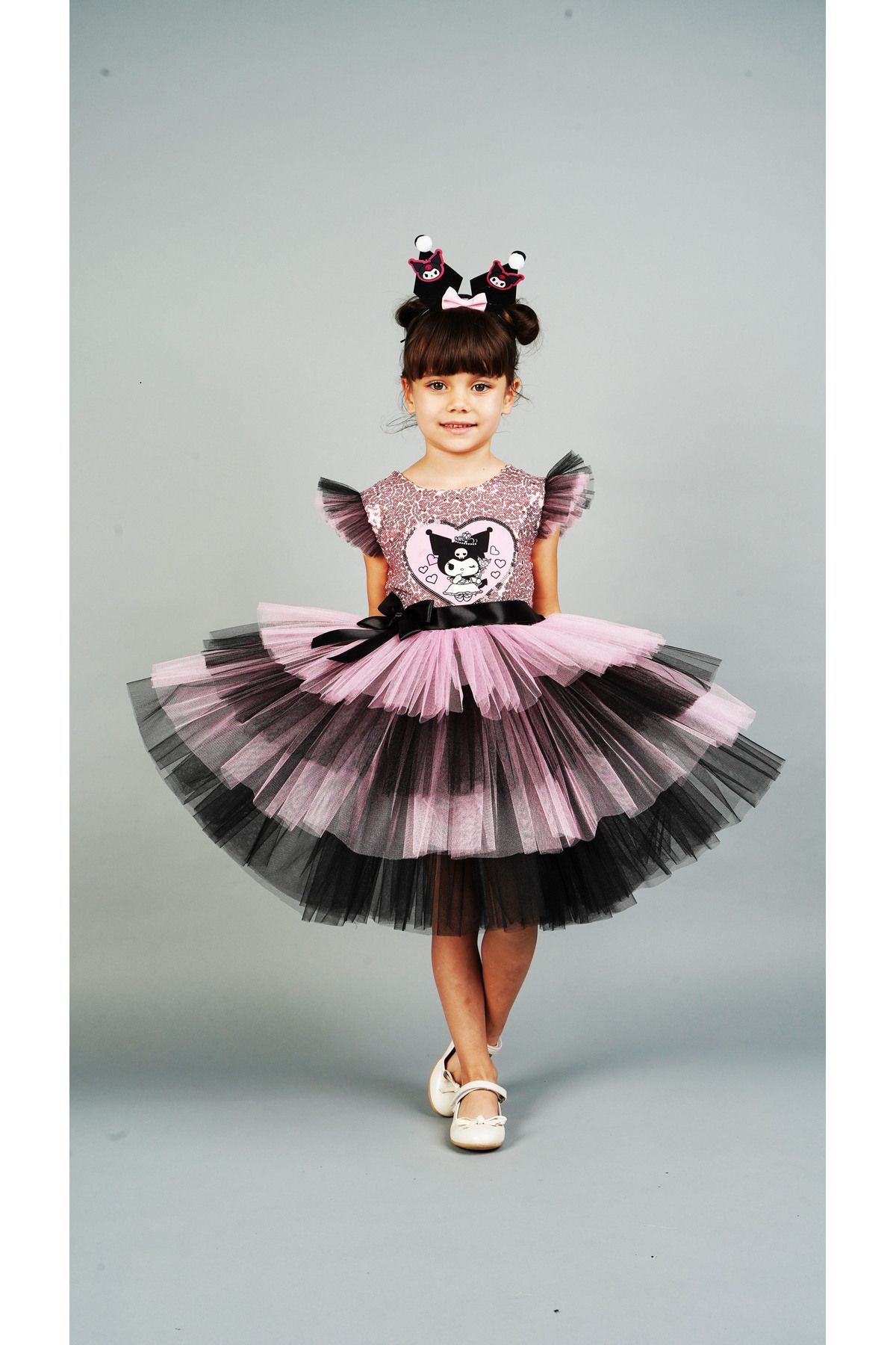 Delfini kids-Pink Kuromi̇ Sequin Birthday Princess Costume and Gown with Crown Accessories 1