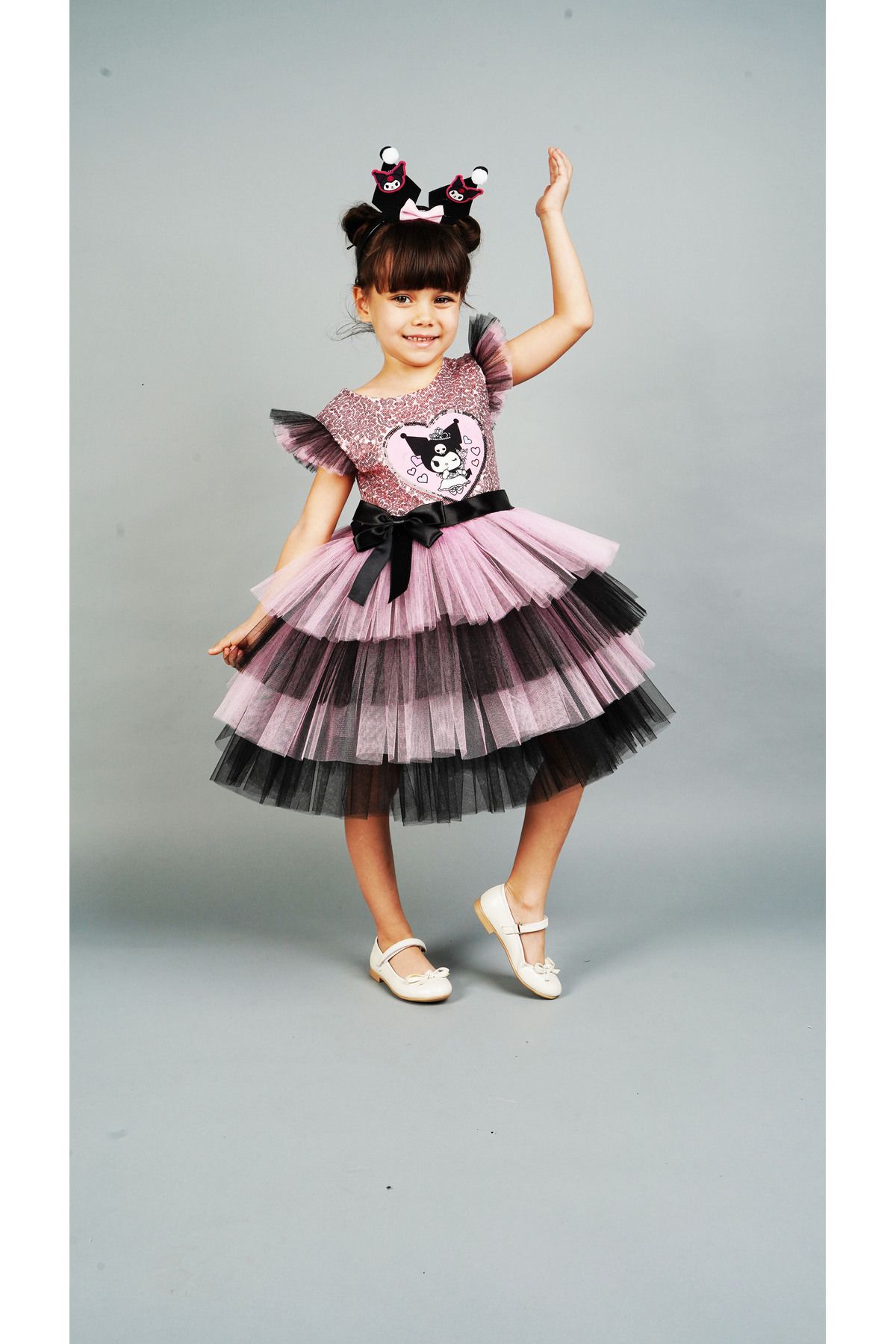 Delfini kids-Pink Kuromi̇ Sequin Birthday Princess Costume and Gown with Crown Accessories 6