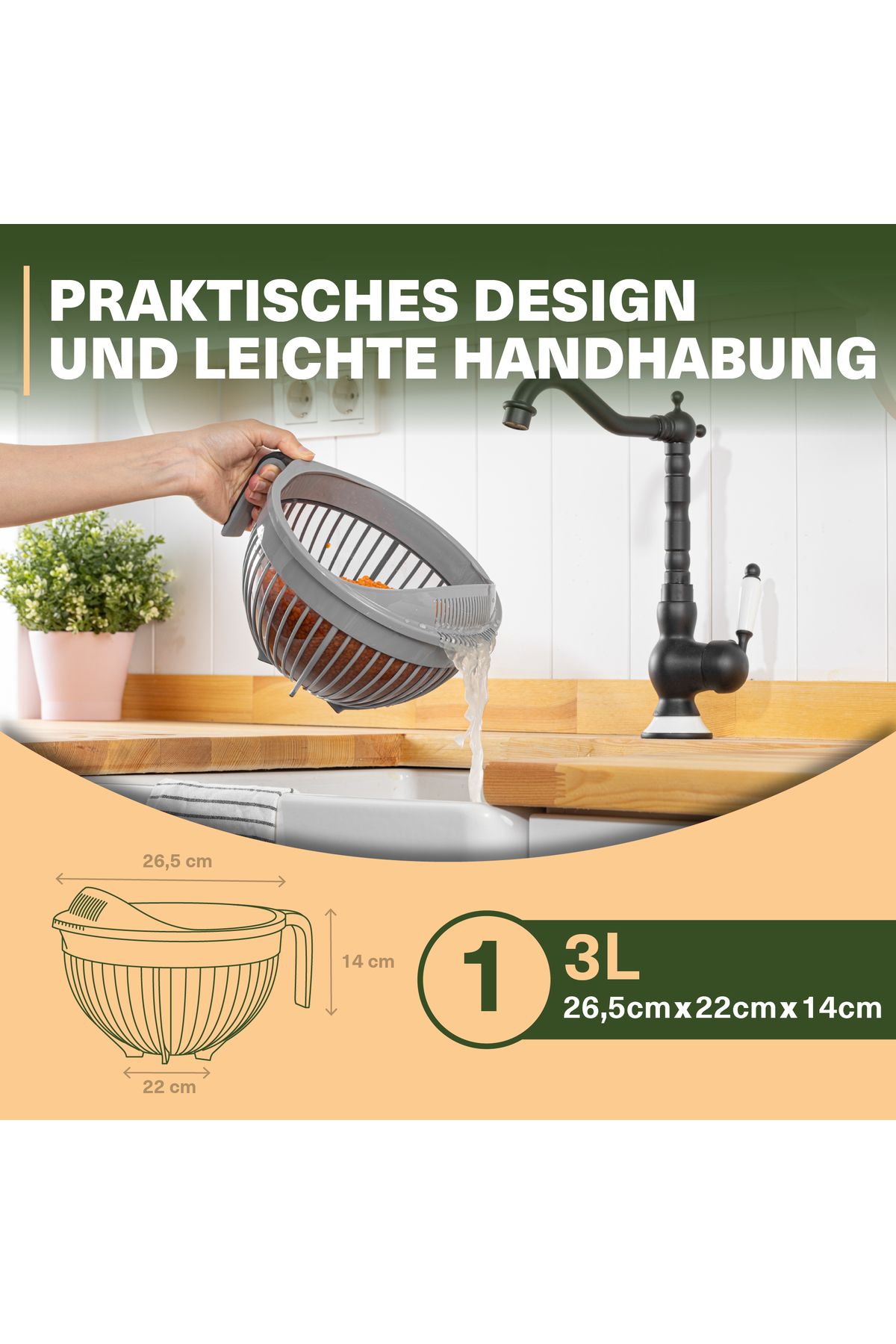 Viwares-Linea Messieb – Praktisches Sieb mit Griff in Grau (3 Liter) 3