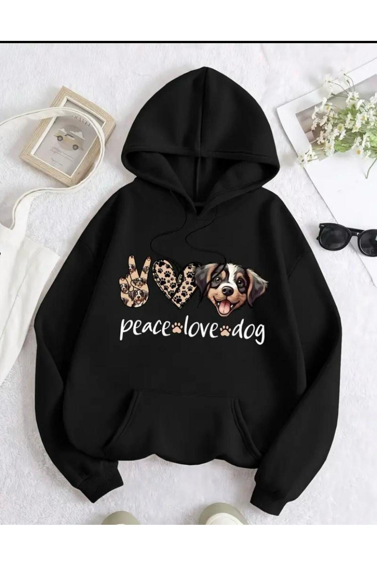 caddekombin Cute Dog Leopard Heart Printed 2 Thread Hooded Sweatshirt with Pocket