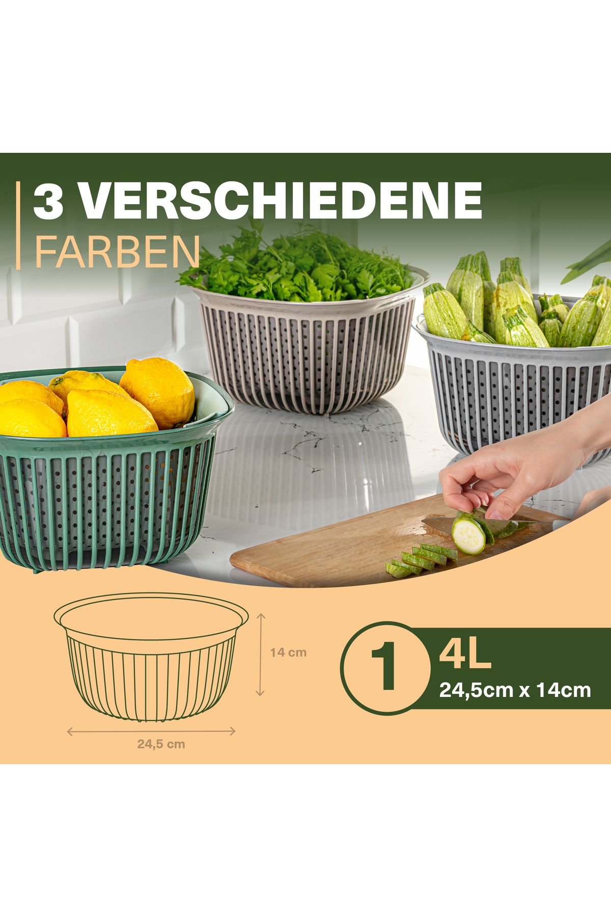 Viwares-Linea Eckige Schüssel mit Sieb – Praktische Lösung zum Waschen und Aufbewahren 4LT 4