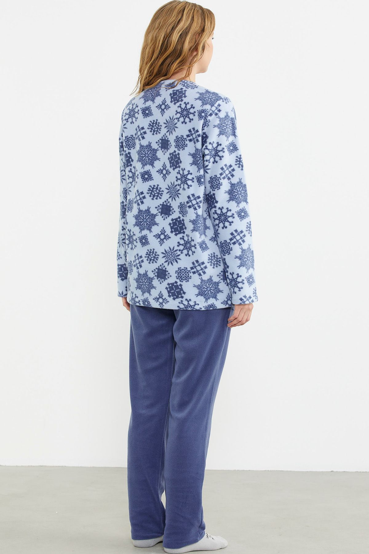 Sementa-Blue Fleece Pajamas Set - Patterned and Front Button 5