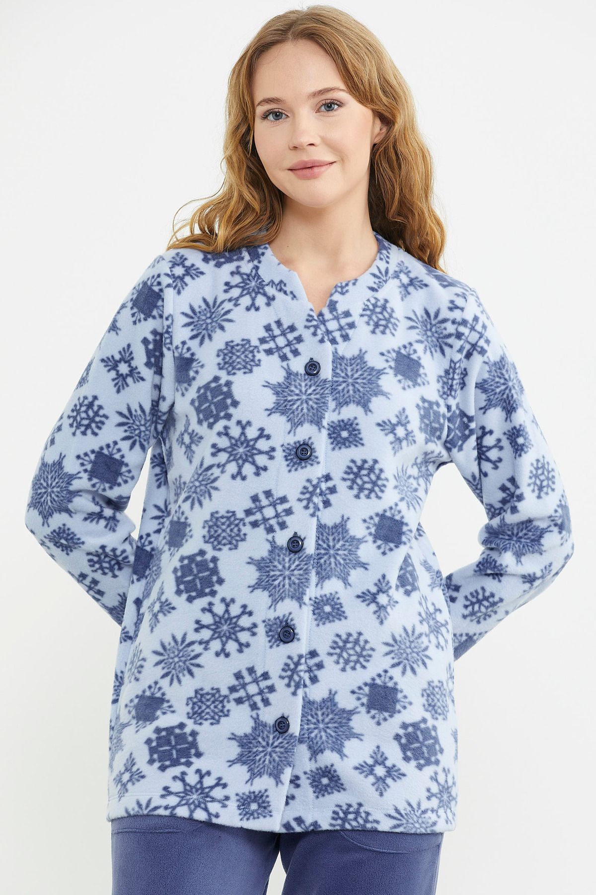 Sementa-Blue Fleece Pajamas Set - Patterned and Front Button 2