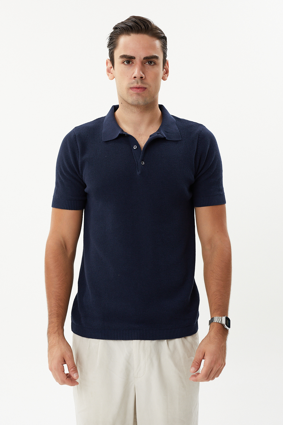 hateko-100% Cotton Waffle Knit Polo Collar Knitwear T-Shirt 2